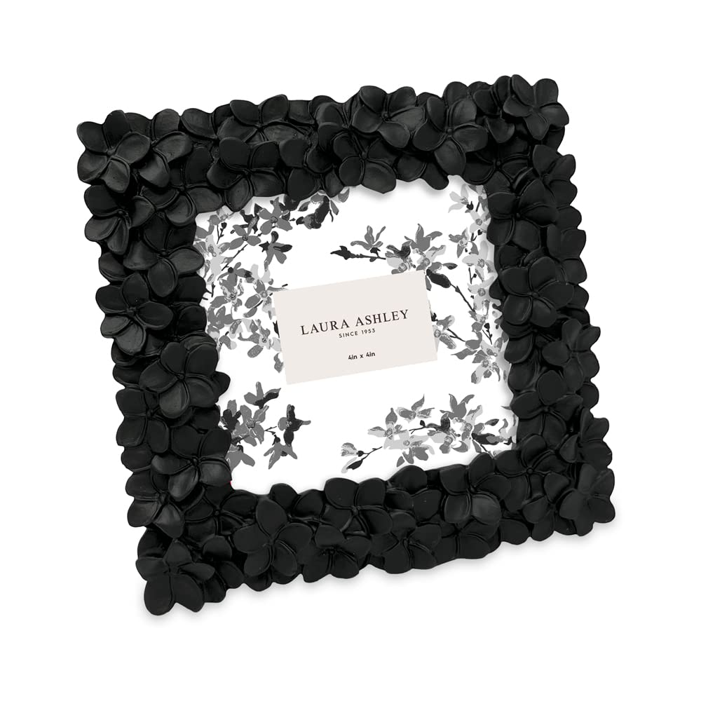 Laura Ashley 4x4 Black Flower Textured Hand-Crafted Resin Picture Frame w/Easel & Hook for Tabletop & Wall Display, Decorative F