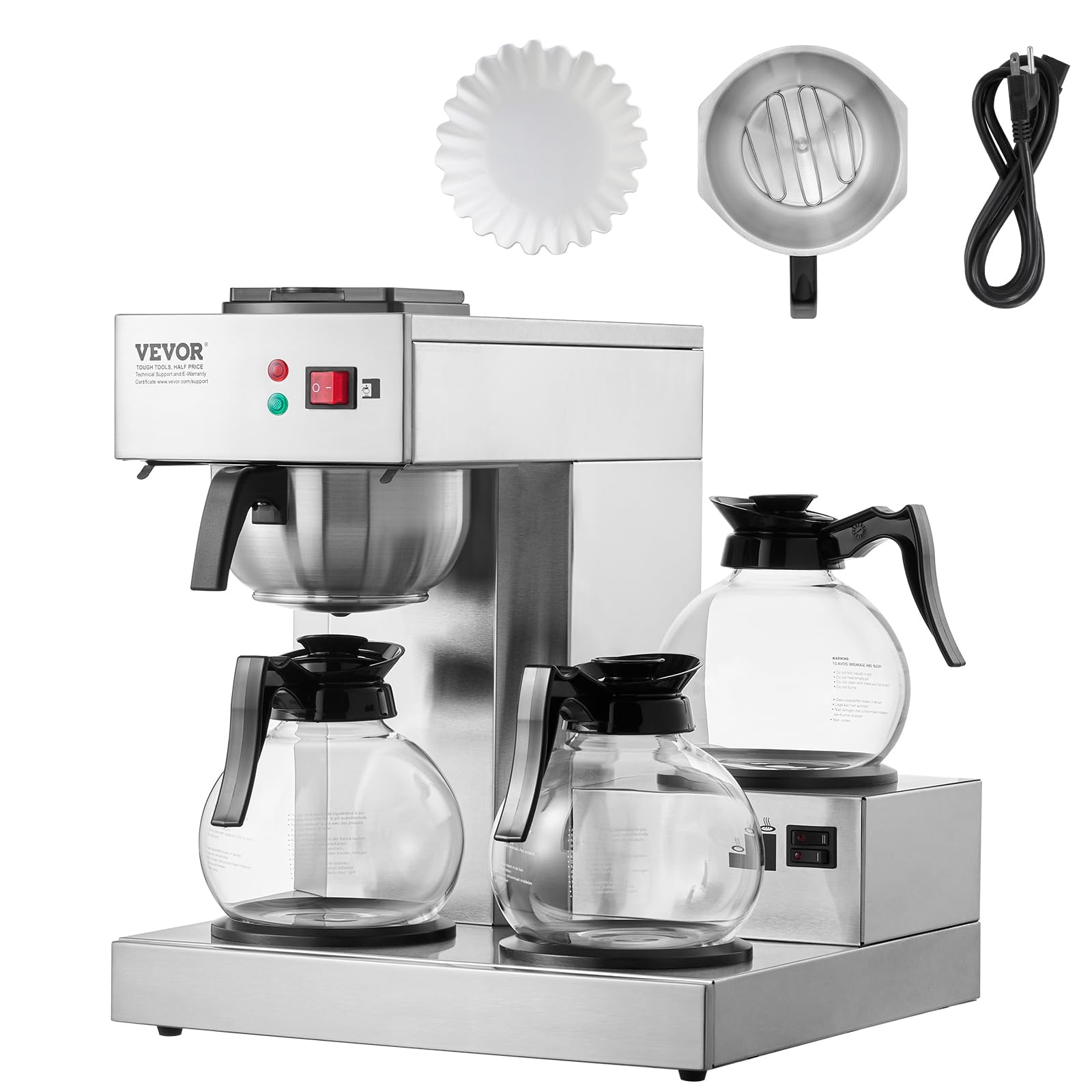 VEVOR 12 Cups Commercial Drip Coffee Maker, Coffee Maker Machine with 3 Glass Carafes and 3 Warmer Plates, Stainless Steel Pour 
