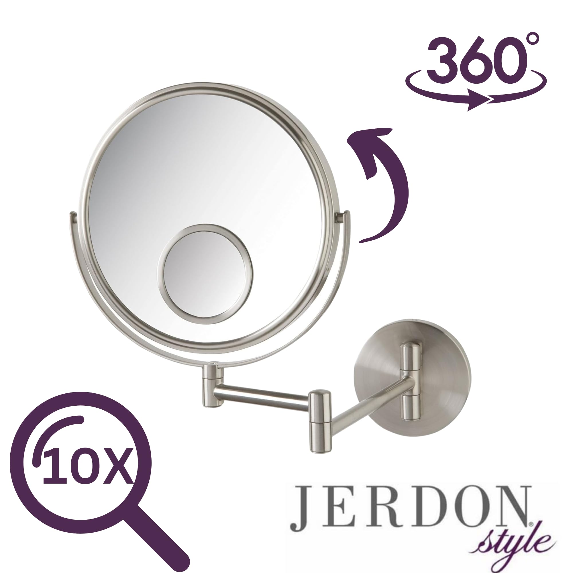 Jerdon Wall Mount Mirror For Bathroom - Makeup Mirror With 10X Magnification And 15X Spot Mirror - Nickel Finish - Model Jp7510N
