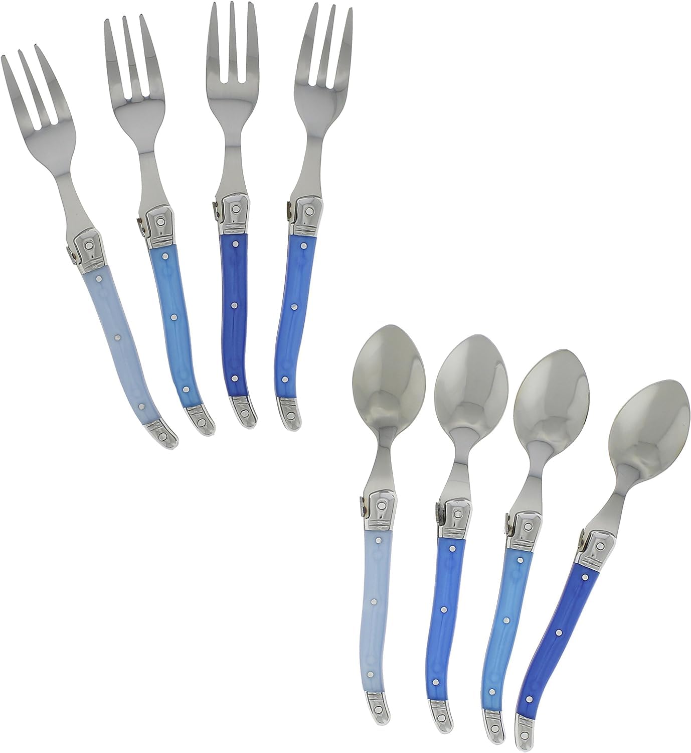 French Home Laguiole Dessert Spoons & Forks Set Of 8 (Shades Of Blue Handles) - Stainless Steel Cutlery Set For Fruits, Cheese &