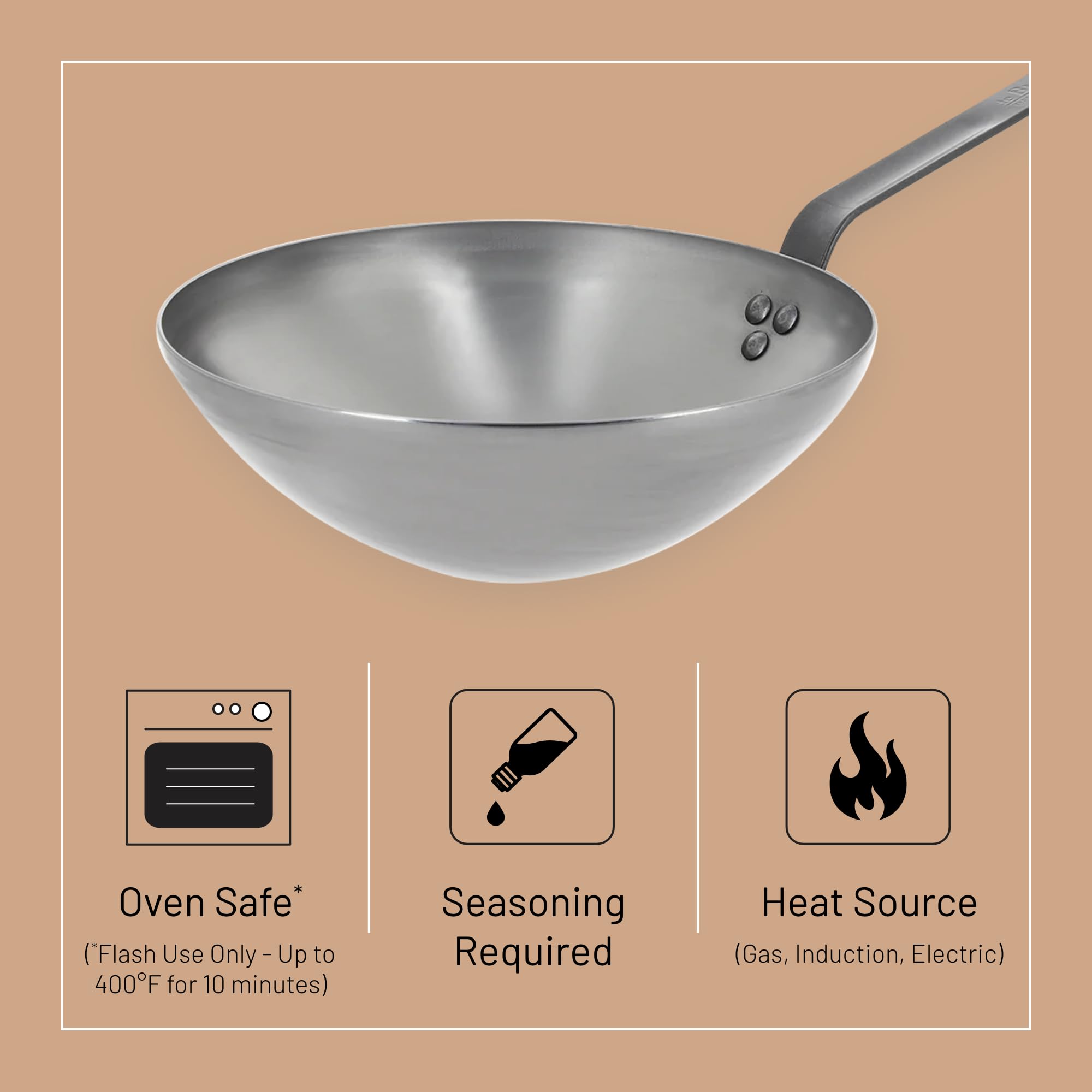 De Buyer Mineral B Carbon Steel Wok Pan - 11    - Ideal For Steaming, Stir Frying & Deep Frying - Naturally Nonstick - Made In F
