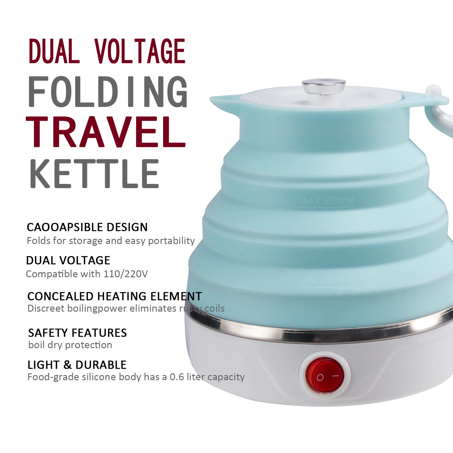 Travel Foldable Electric Kettle, Collapsible Food Grade Silicone Small Kettle Boiling Water,Dual Voltage(600Ml,110-220V Us Plug)