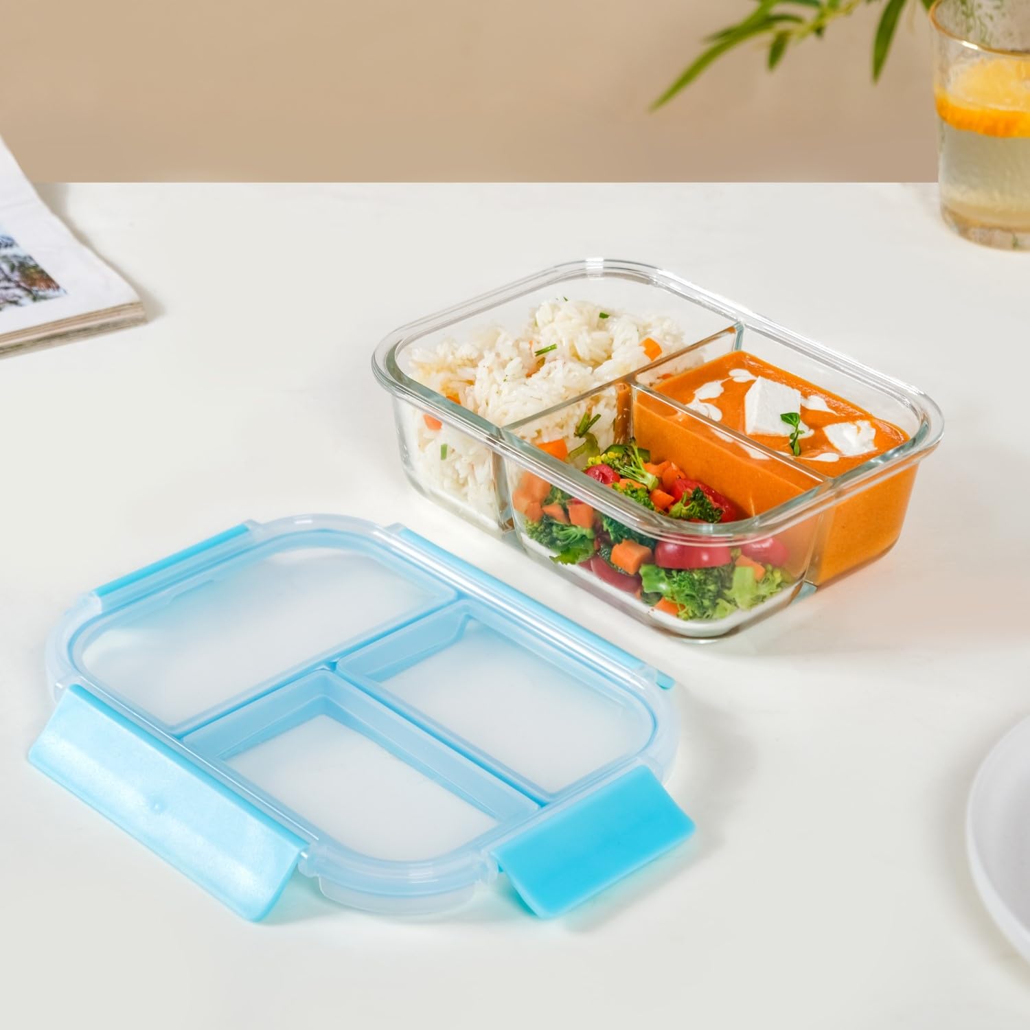 Nestasia Glass 3 Compartment Lunch Box For Office For Women (1000Ml) - Borosilicate Glass, Microwave & Freezer Safe, Leak-Proof 