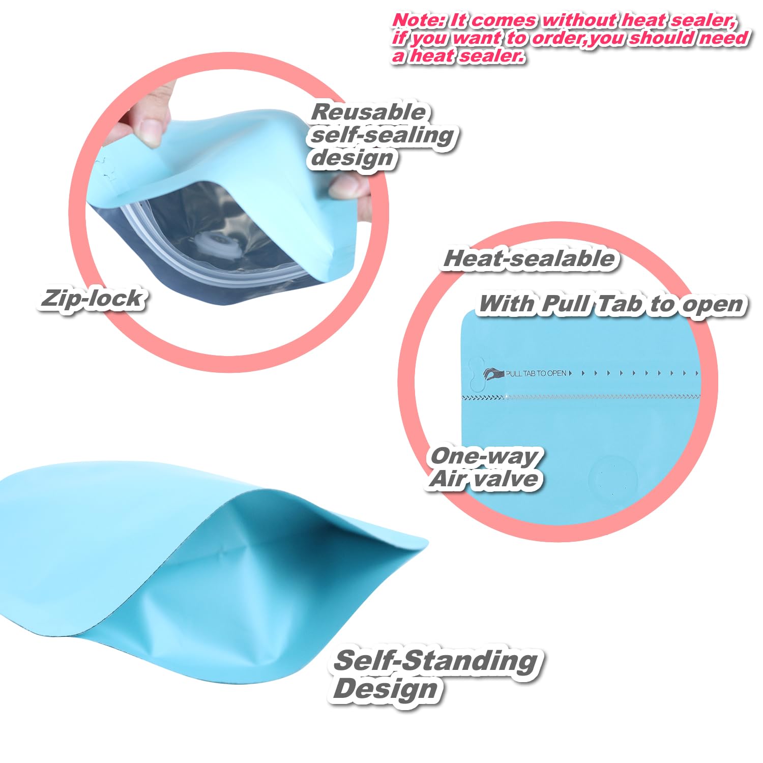 Baaggnaa 150 Pack High Barrier Stand-Up Coffee Bean Bags With Vented Valve, Matte Metallic Ziplock, Heat-Sealable And Resealable