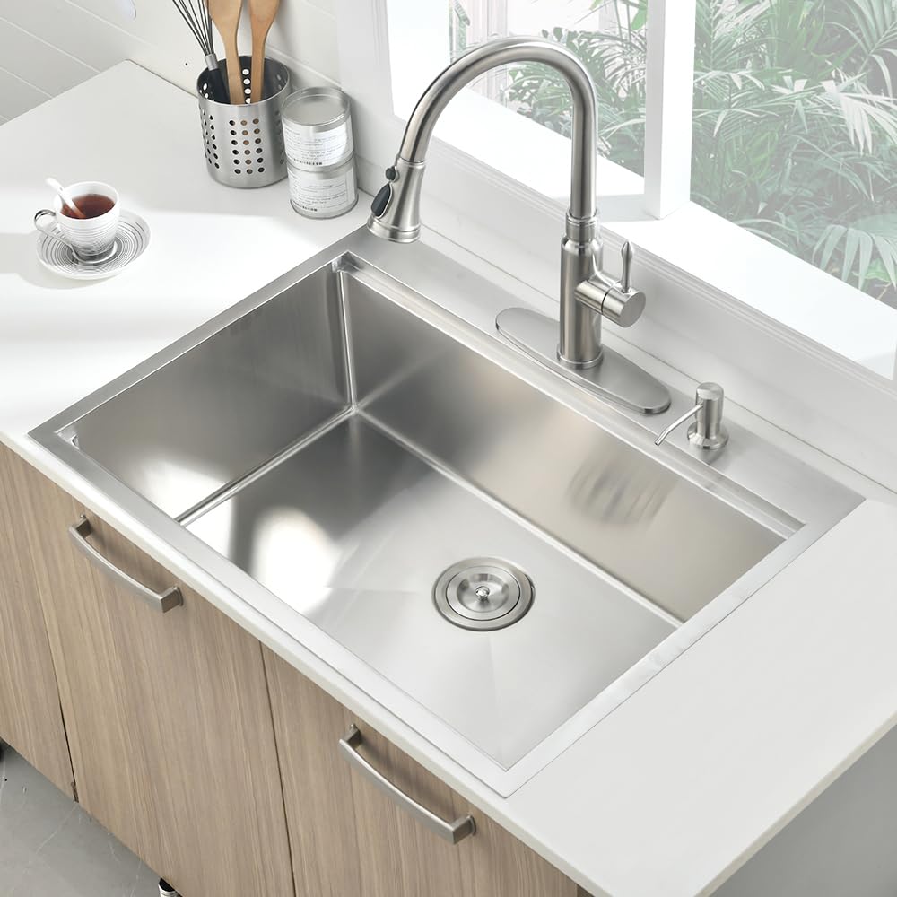 33-Inch Drop In Kitchen Sink Workstation, Boomhoze 33X19 Topmount Drop-In Kitchen Sink 16 Gauge Stainless Steel Kitchen Sink Han