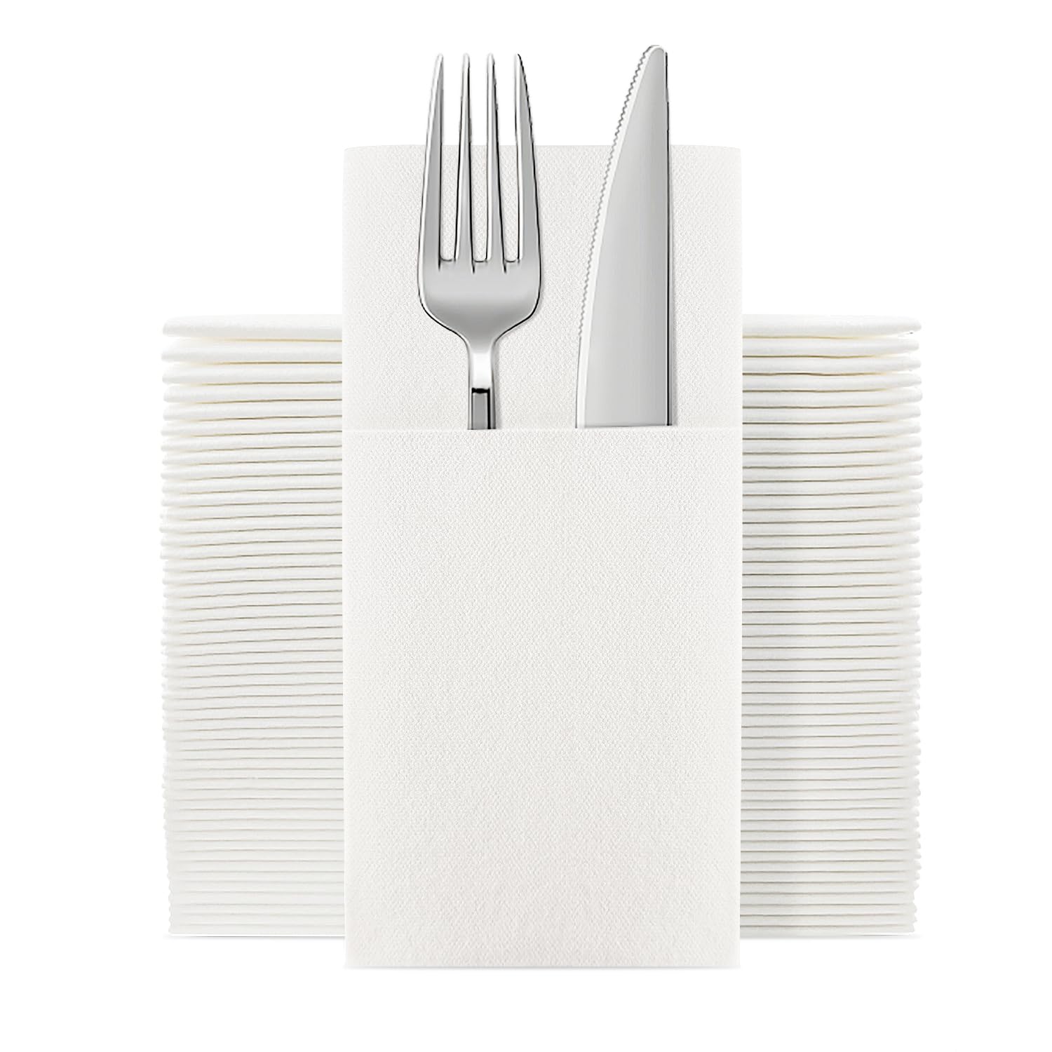 JEBBLAS Disposable Cloth Like Napkins  Built-in Flatware Pocket  Wedding Party Linen Feel White Napkin  Prefolded for Silverware 100 Count
