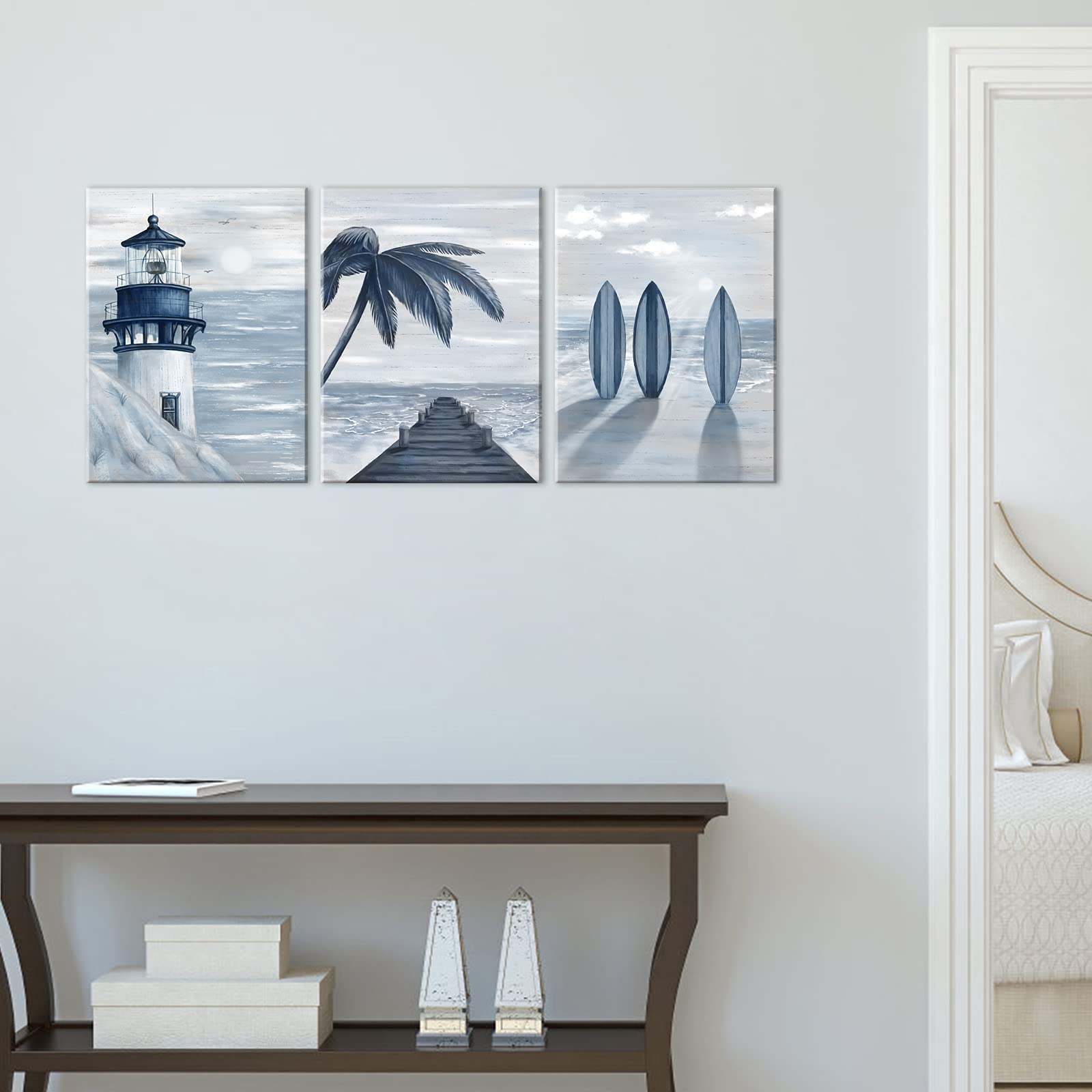 Homeoart Blue Beach Wall Art Prints Ocean Pier Coastal Dock Seascape Lighthouse Painting Nautical Theme Framed Stretched Artwork