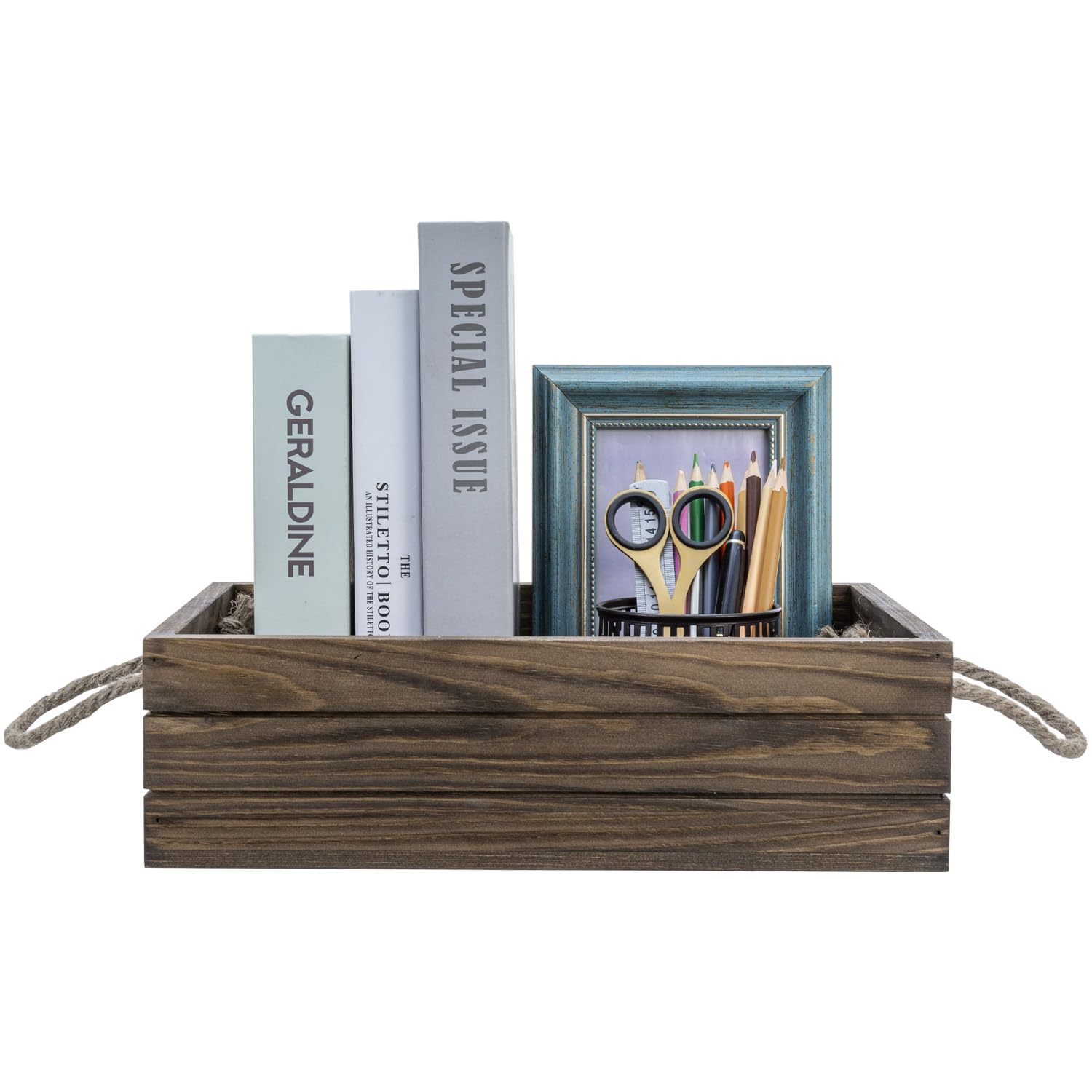 Mygift 13 Inch Rustic Brown Wood Decorative Storage Organizer Bin With Rope Handles, Open Top Small Crate Box For Bathroom Acces