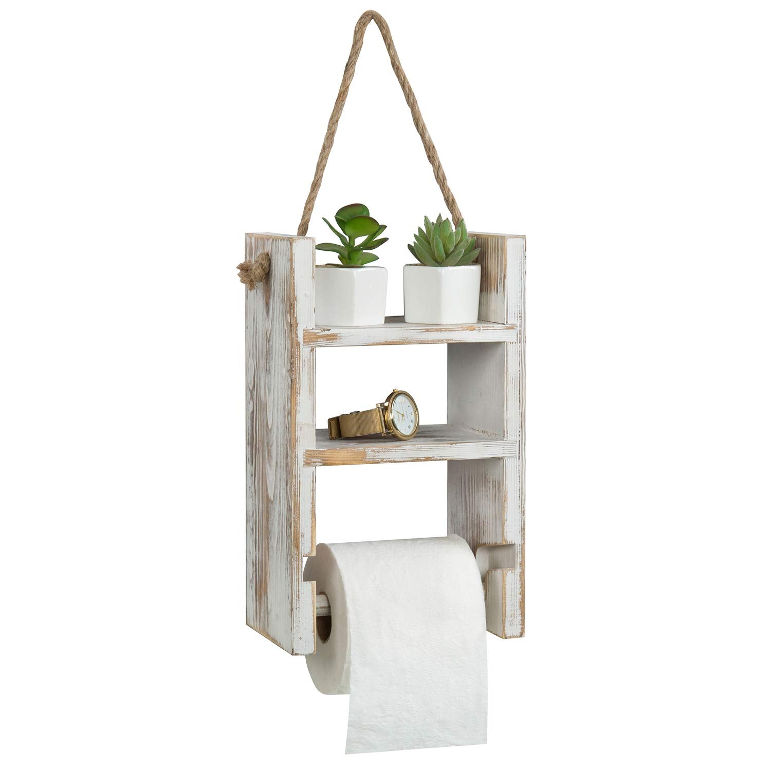 Mygift 2-Tier Hanging Whitewashed Wood Ladder Shelf And Toilet Paper Holder With Rustic Rope