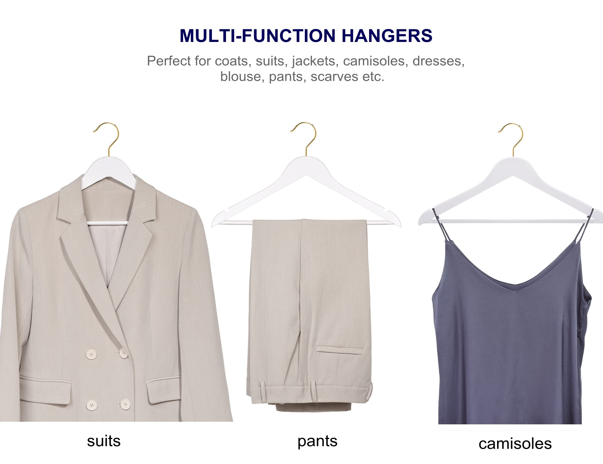 Amber Home Solid Wood Suit Coat Hangers 20 Pack  Smooth White Finish Wooden Dress Hangers with Non Slip Pant Bar  Clothes Hangers with Gold Hook & Notches for Jacket  Pant  Shirt (White+Gold  20)