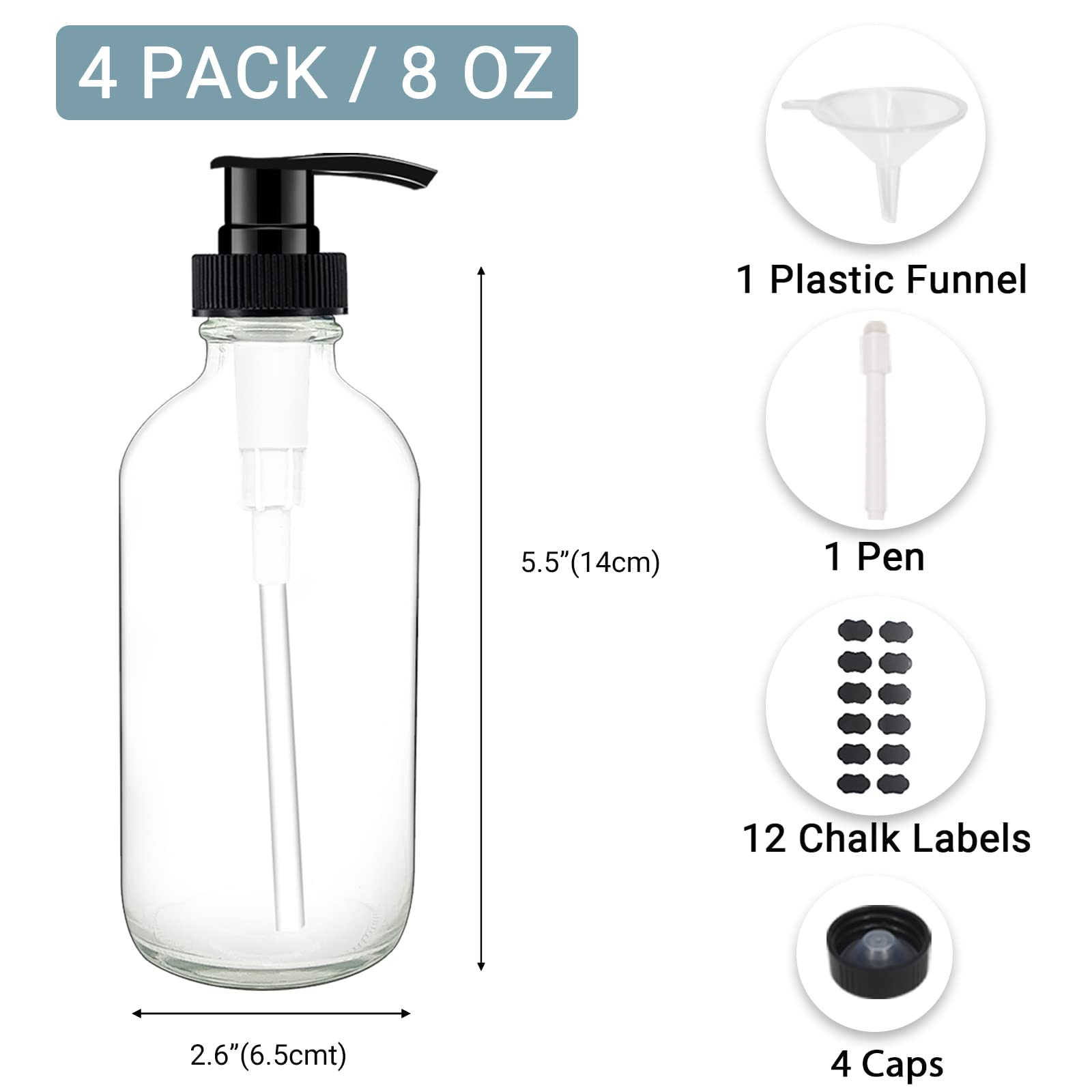Bpfy 4 Pack 8 Oz Clear Glass Pump Bottles, Boston Round Bottles With Pumps For Lotion, Soap, Lotions, Massage Oils, Refillable C