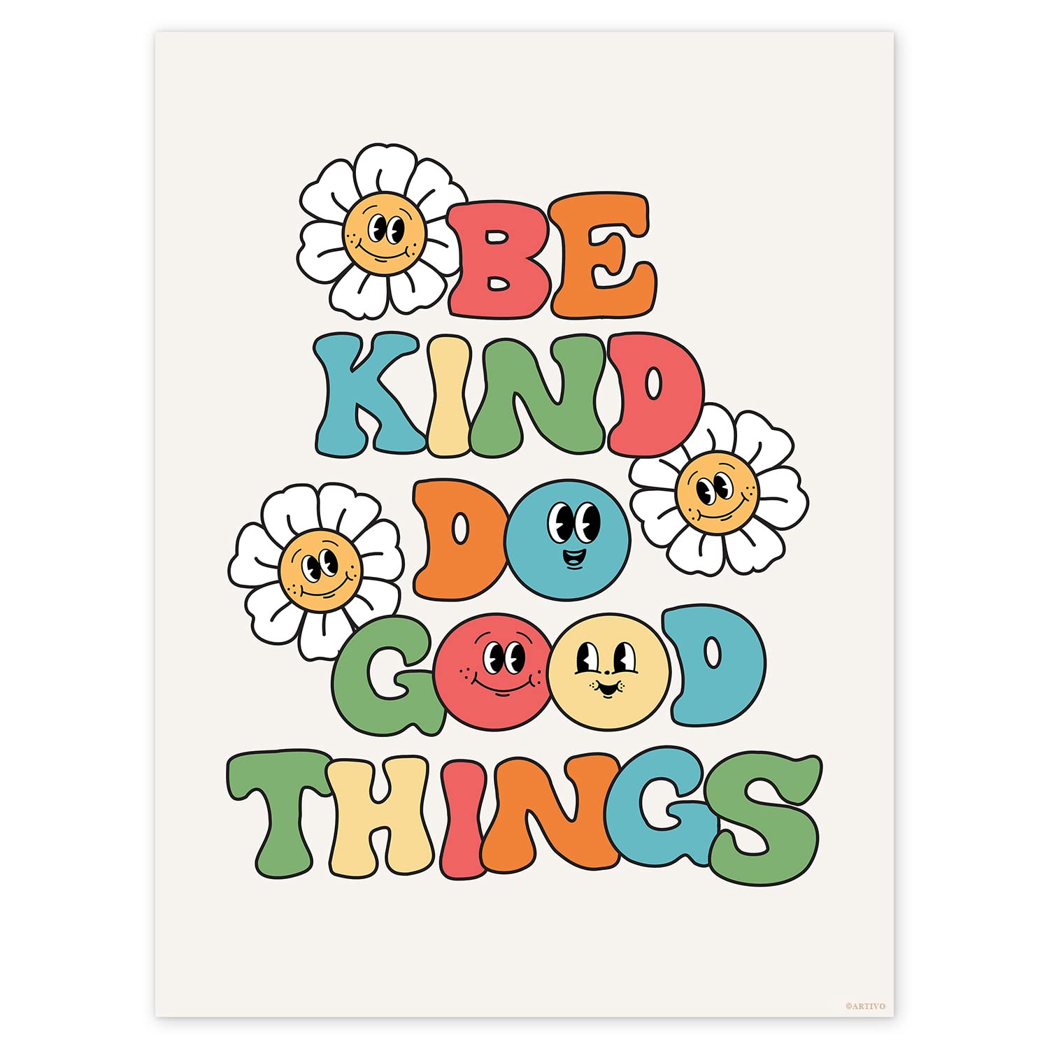 Retro Poster Wall Art Print, Be Kind Poster, Positive Quote Wall Art, Colorful Wall Decor, Cute Room Decor, Rainbow Retro Aesthe