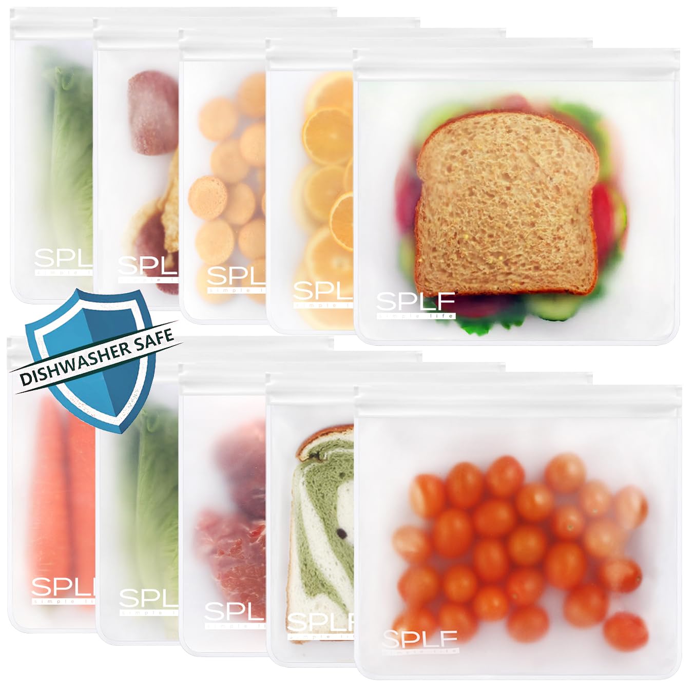 SPLF 10 Pack Reusable Sandwich Bags, Reusable Quart Bags Extra Thick Leak-proof Freezer Bags Bpa and Silicone Free for Marinate 