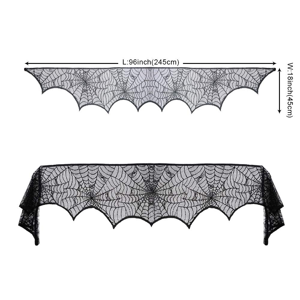 Gkkakuto Halloween Cobweb Fireplace Scarf, Black Lace Spiderweb Mantle Scarf For Halloween Home Party Supplies, 18 X 96 Inch