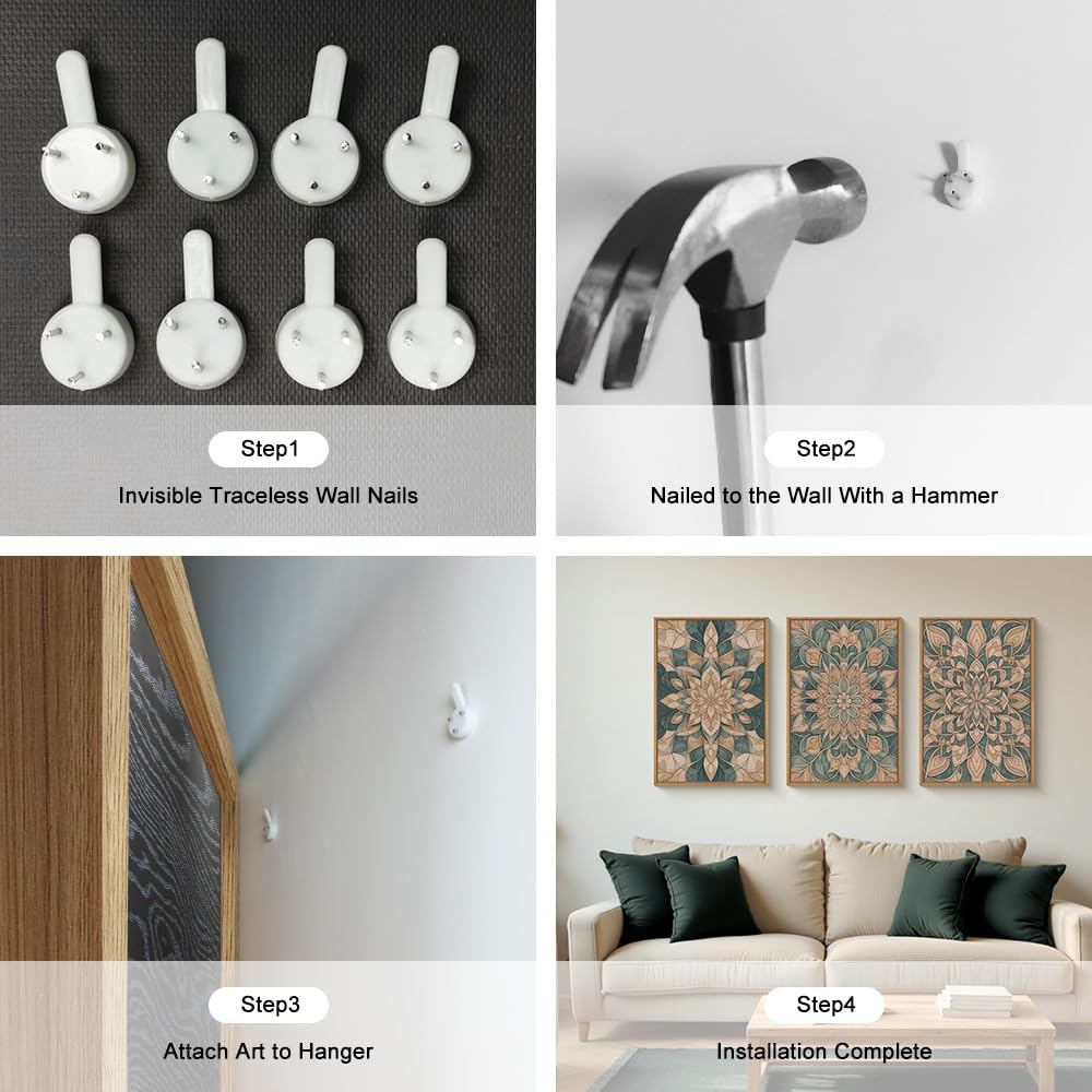 HLNIUC Mandala Flower Wall Art Set of 3, Green Scandinavian Botanical Framed Wall Decor(16x24),Norwegian Folk Art Canvas, Bohemi