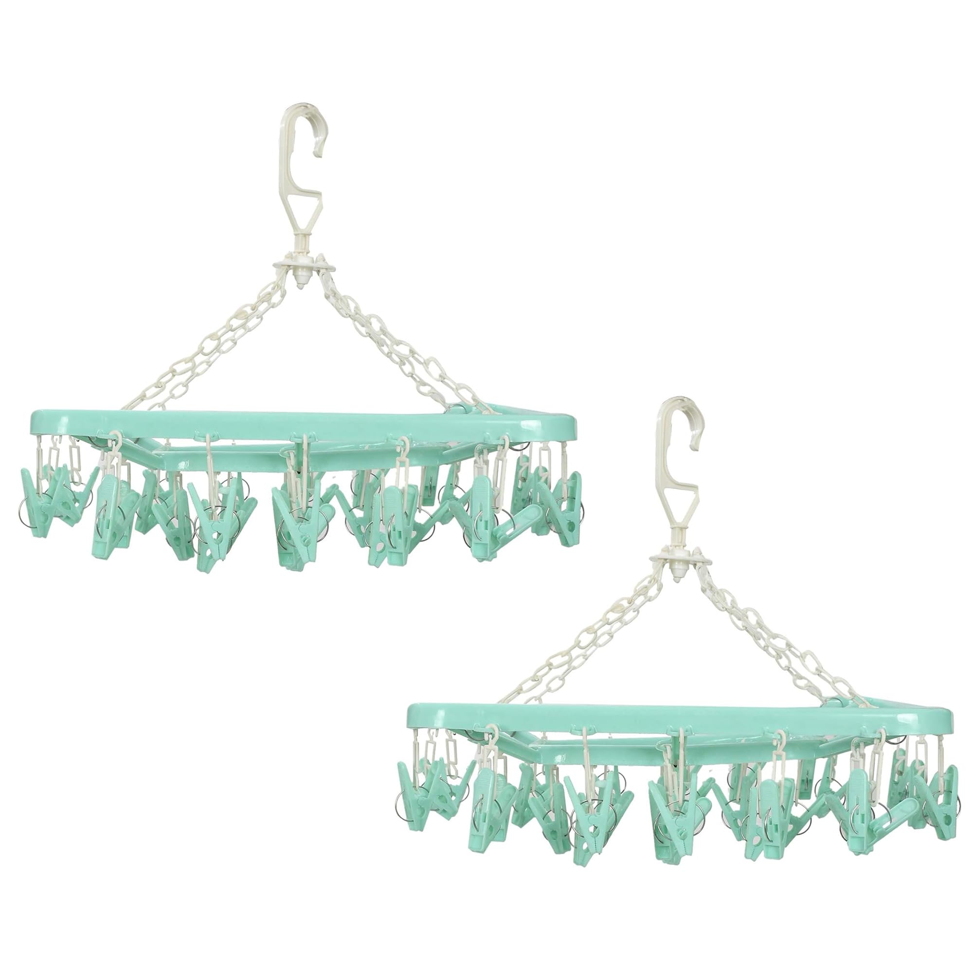 Kuber Industries (Pack Of 2) Plastic Cloth Drying Hanger | 32 Clips Baby Drying Pegs | 360 Degree Rotatable Hanger | Clip Stand 
