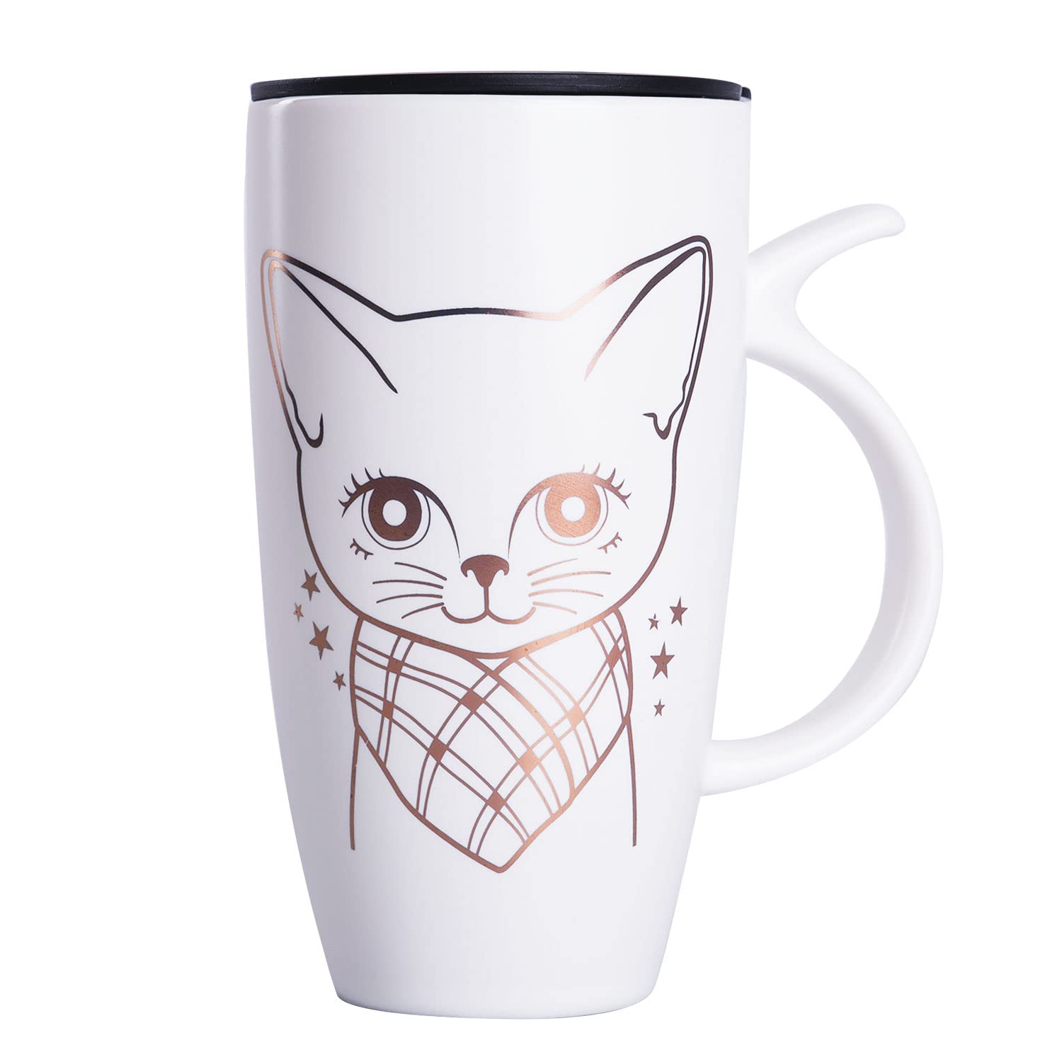 WHJY 20oz Large White Cute Cat Ceramic Coffee Mug with splash-proof lid, Cat Tail Handle, Animal Cat Mug Tumbler