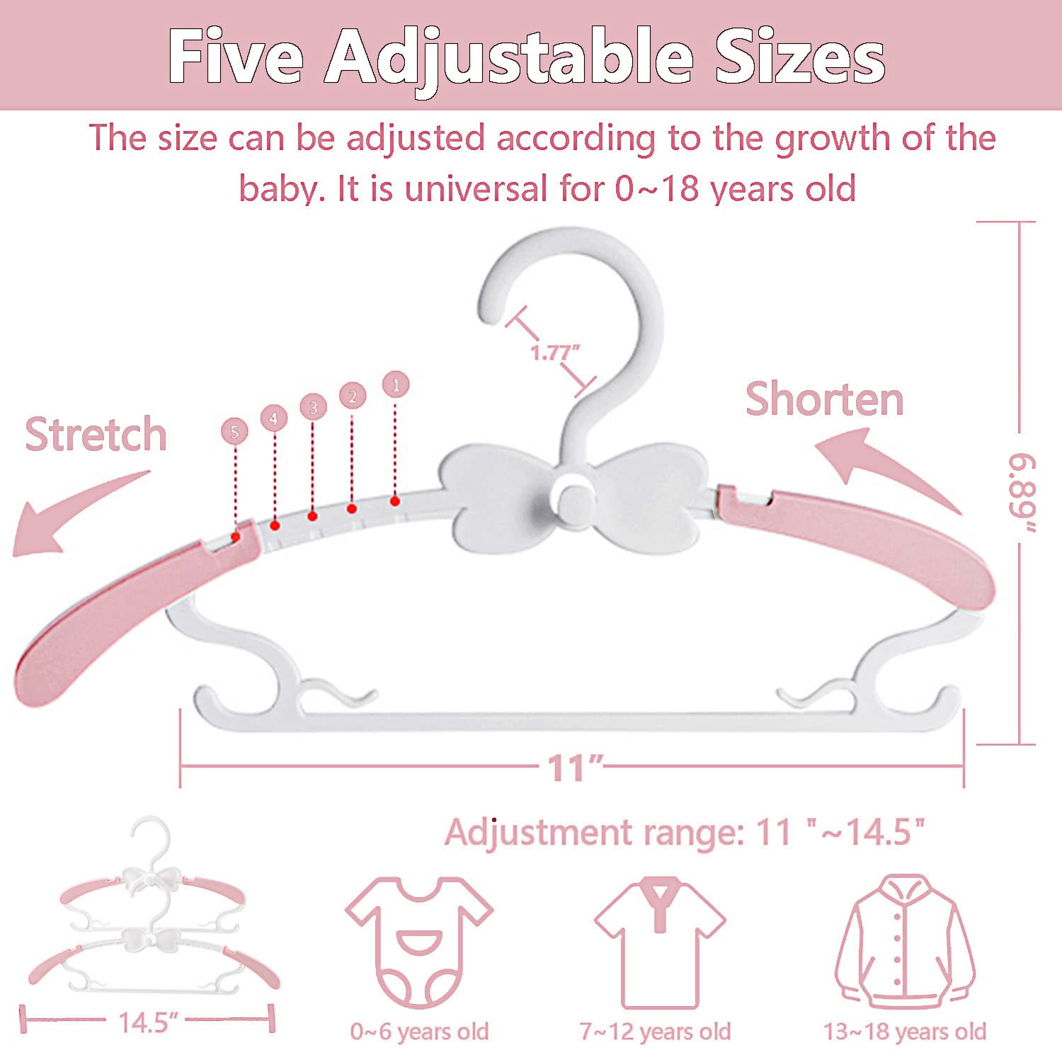 WJWSKI Baby Hangers for Closet - 20 Pack Baby Clothes Hangers Adjustable Baby & Kids Hangers for Nursery Cascading Plastic Childrens Hangers & Infant Hangers for Closet- Space Saving