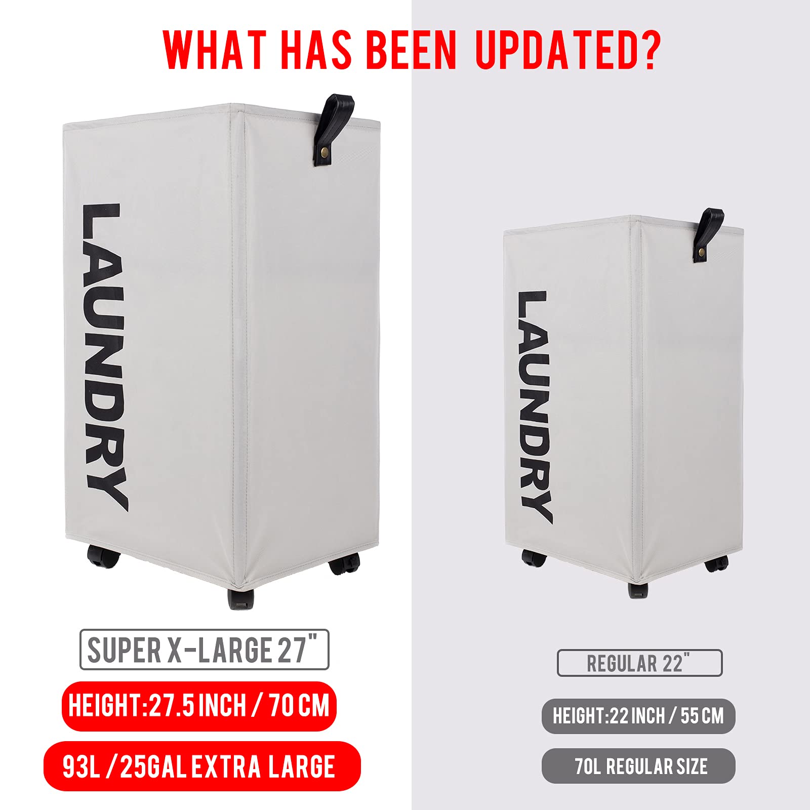 Caroeas Laundry Baskets 95L Tall With Leather Handle, Laundry Basket On Wheels, Collapsible Laundry Hamper, Rolling Hamper Dorm