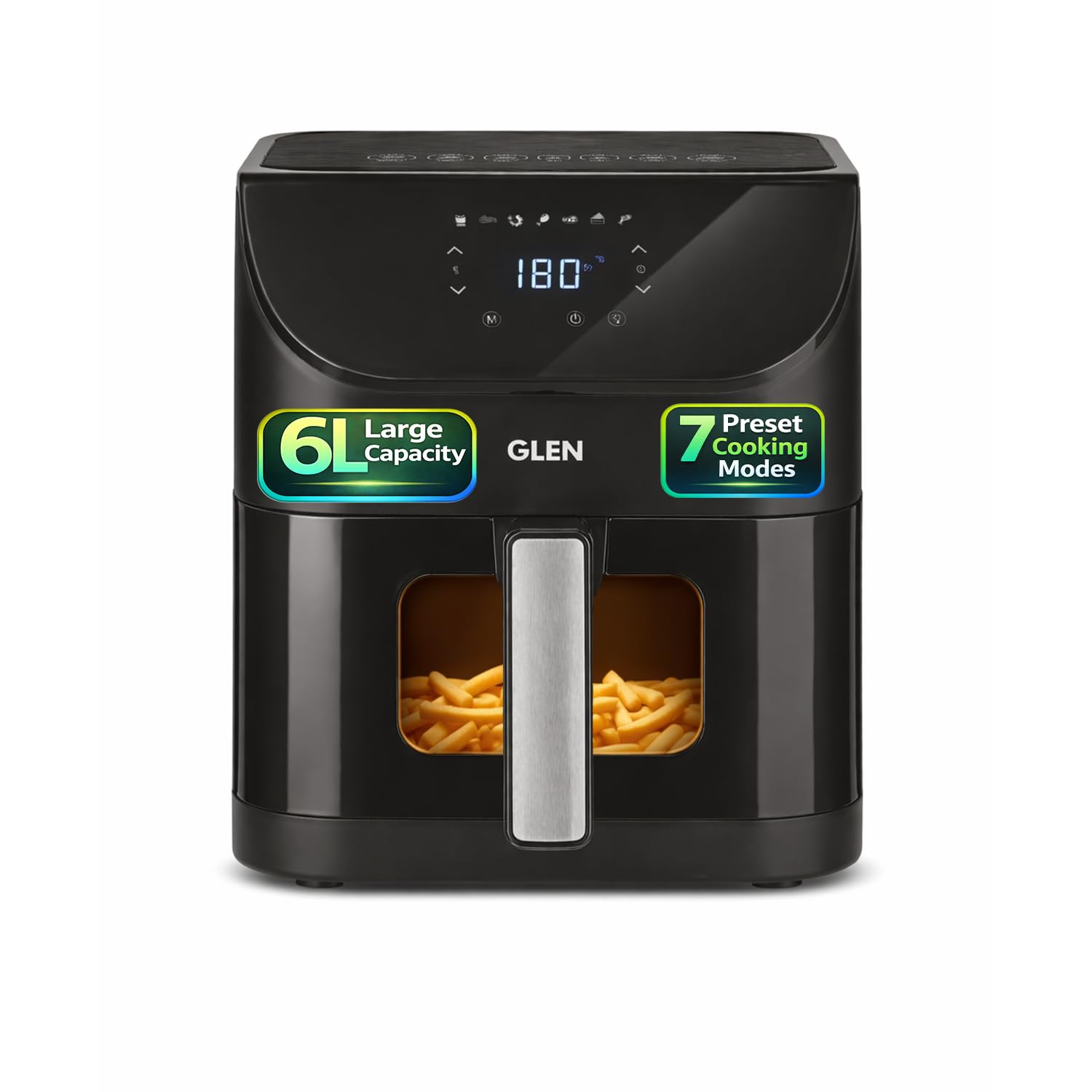 Glen Digital Air Fryer 6L | 1500W | Temperature & Timer Control |7 Preset Menu & Digital Display | Multi-Function Glass Airfryer