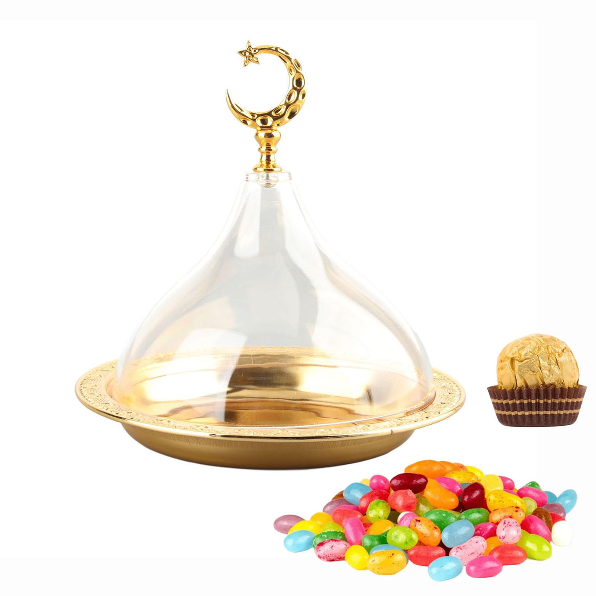 Snack Serving Tray, Metal Ramadan Tray With Clear Dome Lid Mini Cake Candy Tray Reusable Dessert Tray Round Food Storage Organiz