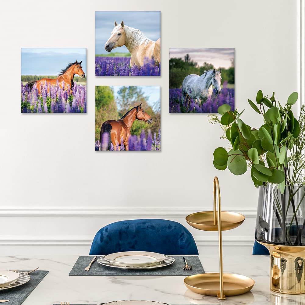 Otostar 4 Pieces Wall Art Canvas Prints - Purple Lavender And Horse Picture Painting - Modern Wall Artwork Framed For Gifts Bath