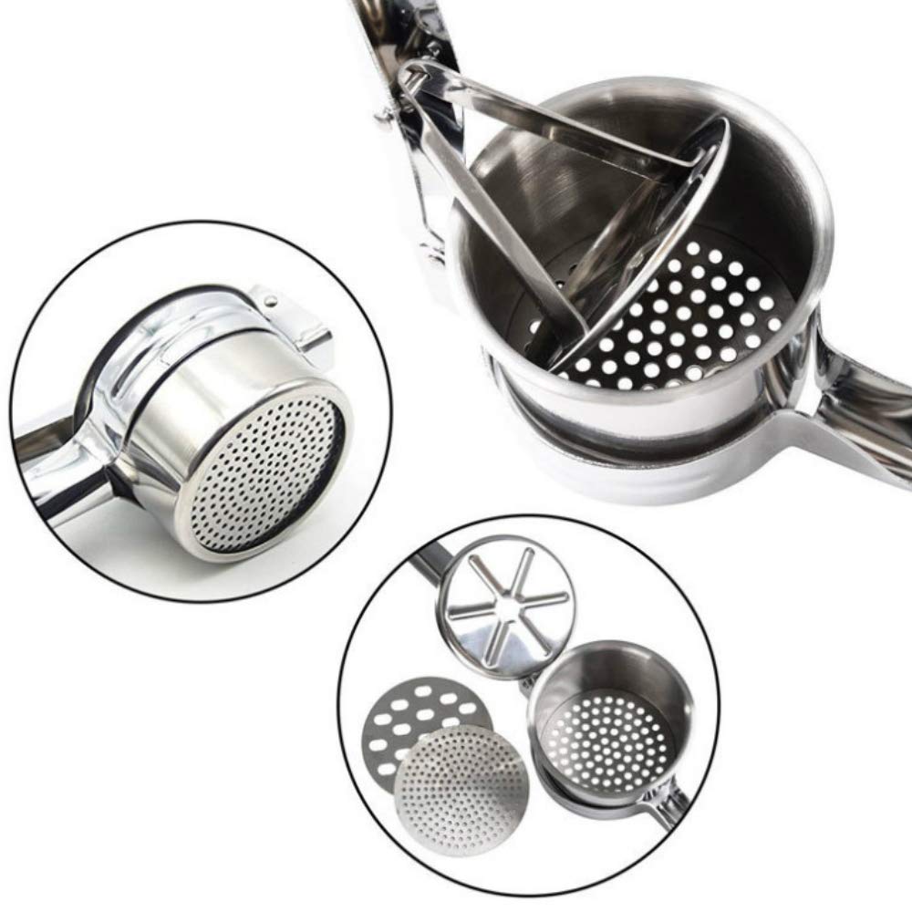 Stainless Steel Potato Ricer - Manual Masher For Potatoes, Fruits, Vegetables, Yams, Squash, Baby Food And More - 3 Interchangea