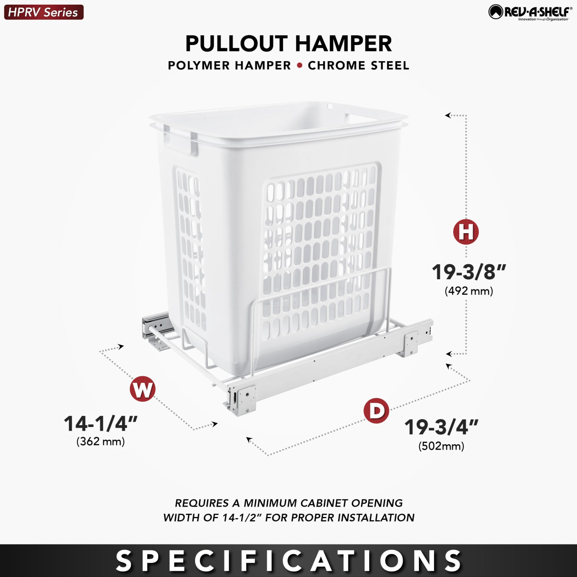 Rev-A-Shelf Pull Out 20'' Deep Cabinet Floor Steel Mounted Polymer Plastic Clothes Laundry Hamper w/Full Extension Slides  White  HPRV-15020 S