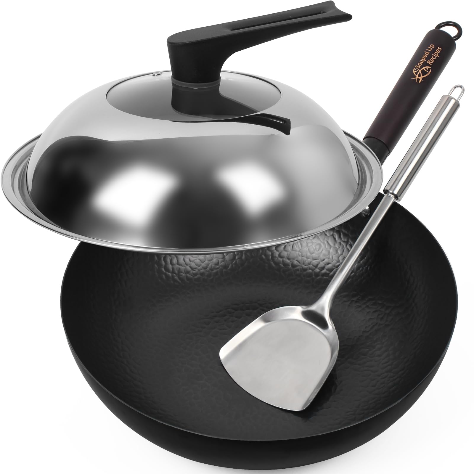 Souped Up Recipes 13.4 Inch Carbon Steel Wok For Electric, Induction And Gas Stoves (Lid, Spatula And User Guide Video Included)