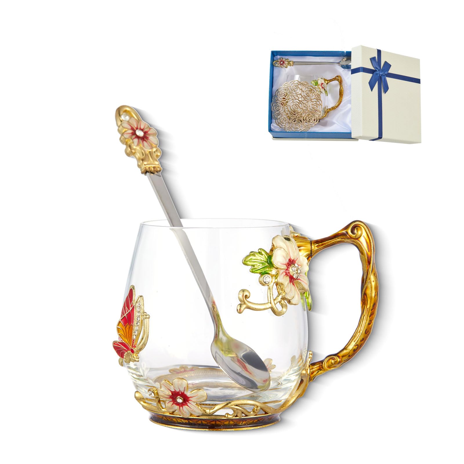 AISVELDY Flower Tea Cup,Clear Glass Fancy Coffee Mug with Spoon,Gift Box for Her Mom Wife Grandma Girls Friends Valentines Chris