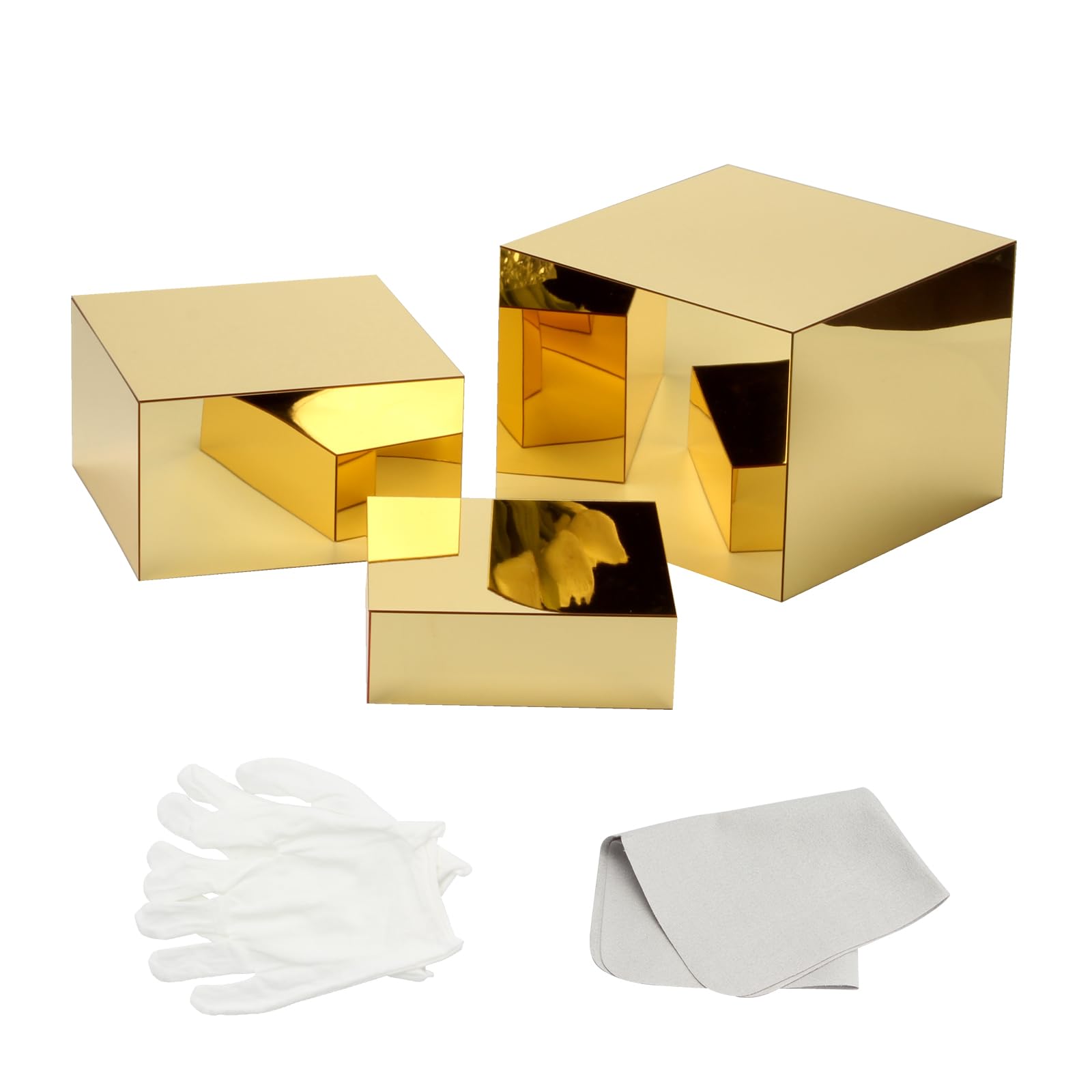 KCGANI Acrylic Mirror Display Riser, 3 Pcs Glossy Gold Risers for Display Food Display Lifter Nesting Display Risers Hollow Bott