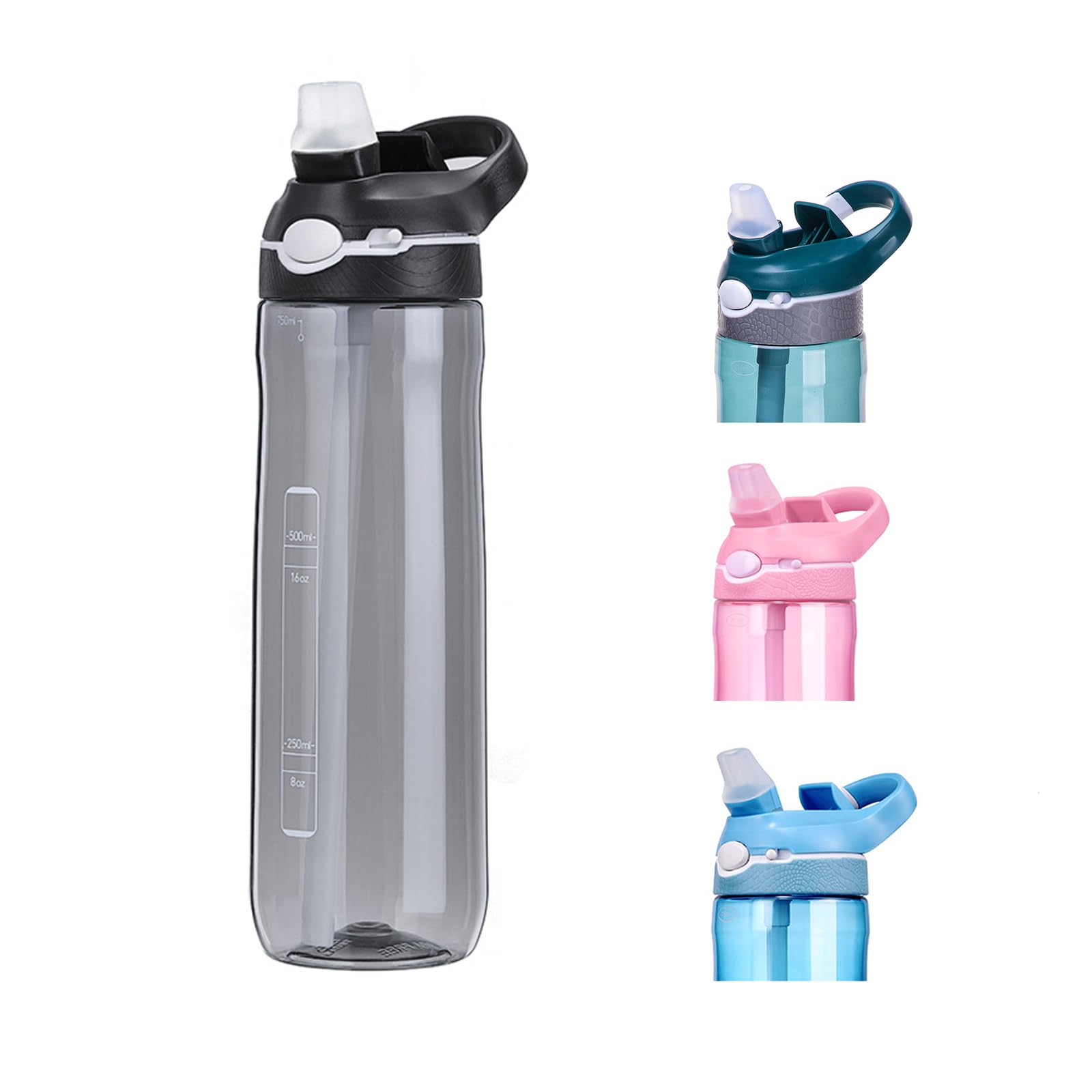 SHELFLOVER 24oz Black Water Bottle With Narrow Straw, BPA FREE Clear Bottles With Handle One Hand Use Easy Carried, Flip Up, Sui