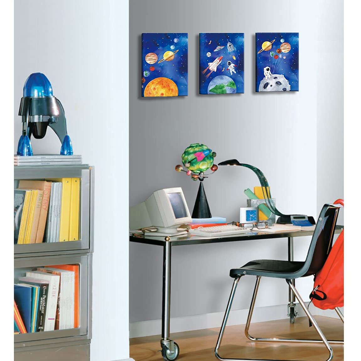CHDITB Framed Outer Space Art Prints Cartoon Watercolor Planet Wall Art Set of 3 Pieces (11.8x15.6inch)  Universe Theme Canvas Painting  Spaceship  Astronaut For Kids Room Nursery Decor-Ready to Hang