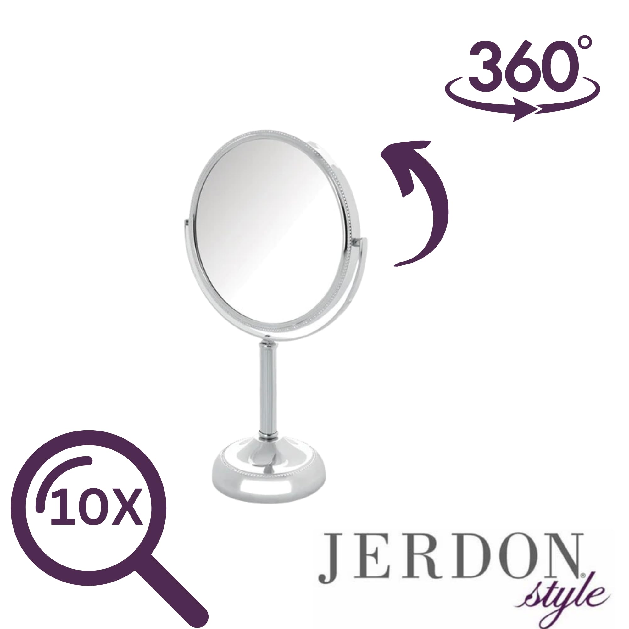 Jerdon Two-Sided Tabletop Makeup Vanity Mirror - 10X-1X Magnification & Swivel Design - 6-Inch Diameter Portable Mirror - Polish
