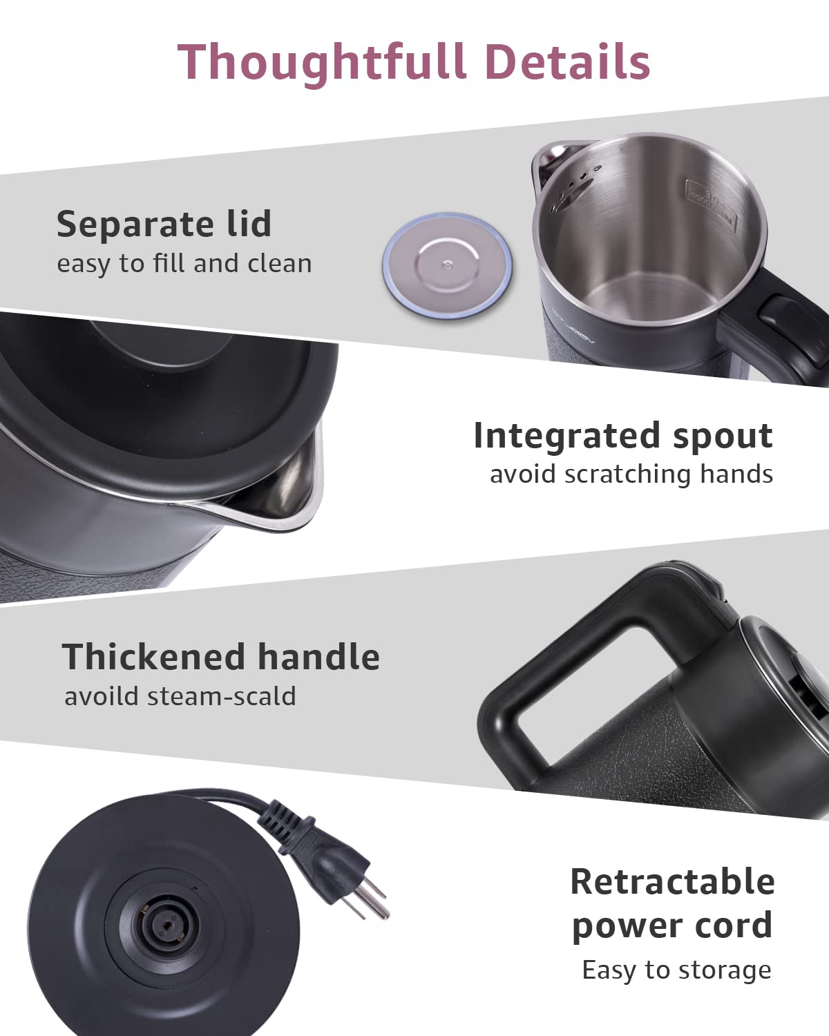 WTJMOV 0.6L Electric Tea Kettle - Stainless Steel, Auto Shut-off, Fast Boil, Black, Model SM-6101