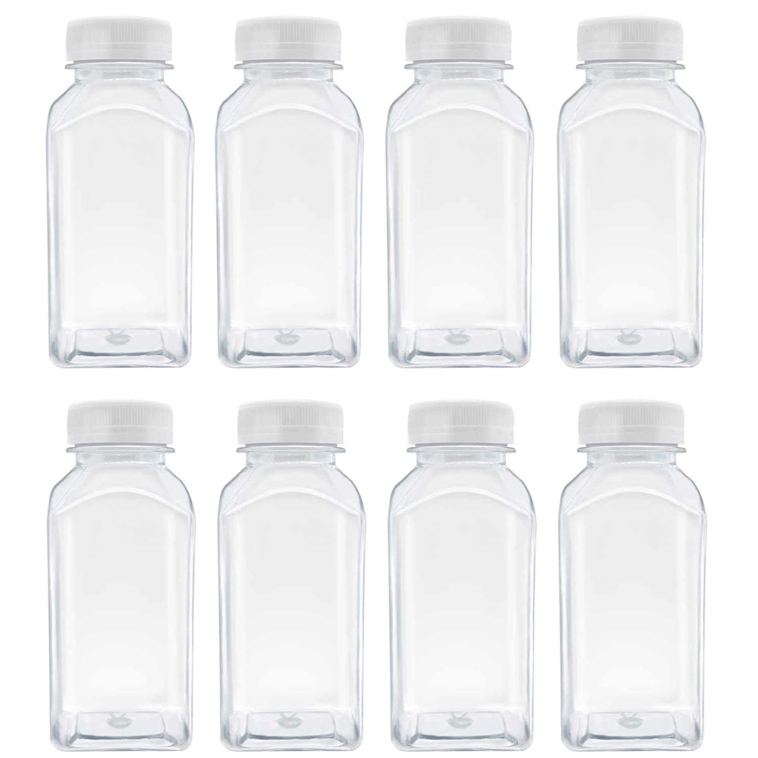 MYYZMY 8 Pcs 8 Ounce Plastic Juice Bottles, Reusable Bulk Beverage Containers for Juice, Milk and Other Beverages, White lid