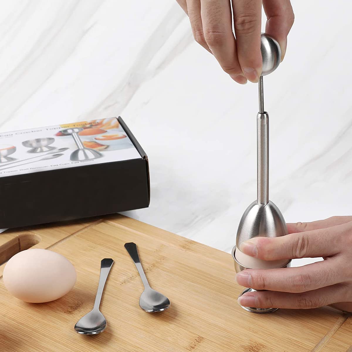 Xicennego Egg Cracker Topper Set - 5 Piece Stainless Steel Set with 2 Cups, 2 Spoons, and 1 Cutter - Silver