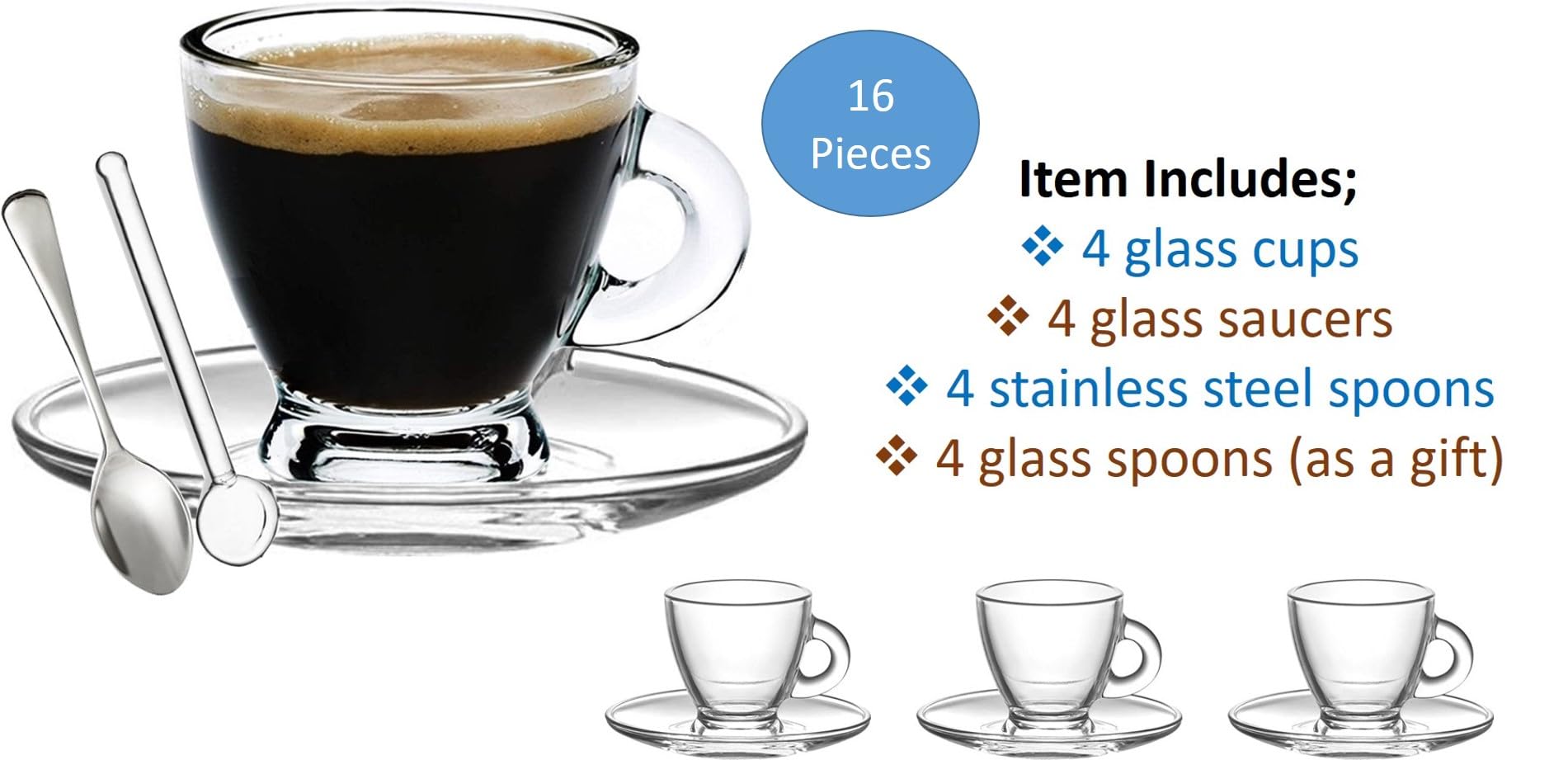 BOHEM'S Espresso Cups  3.2 oz Small Demitasse Clear Glass Espresso Drinkware  Set Of Cups  Saucers and Stainless Steel mini Spoons + Free Glass Spoons (set of 4)
