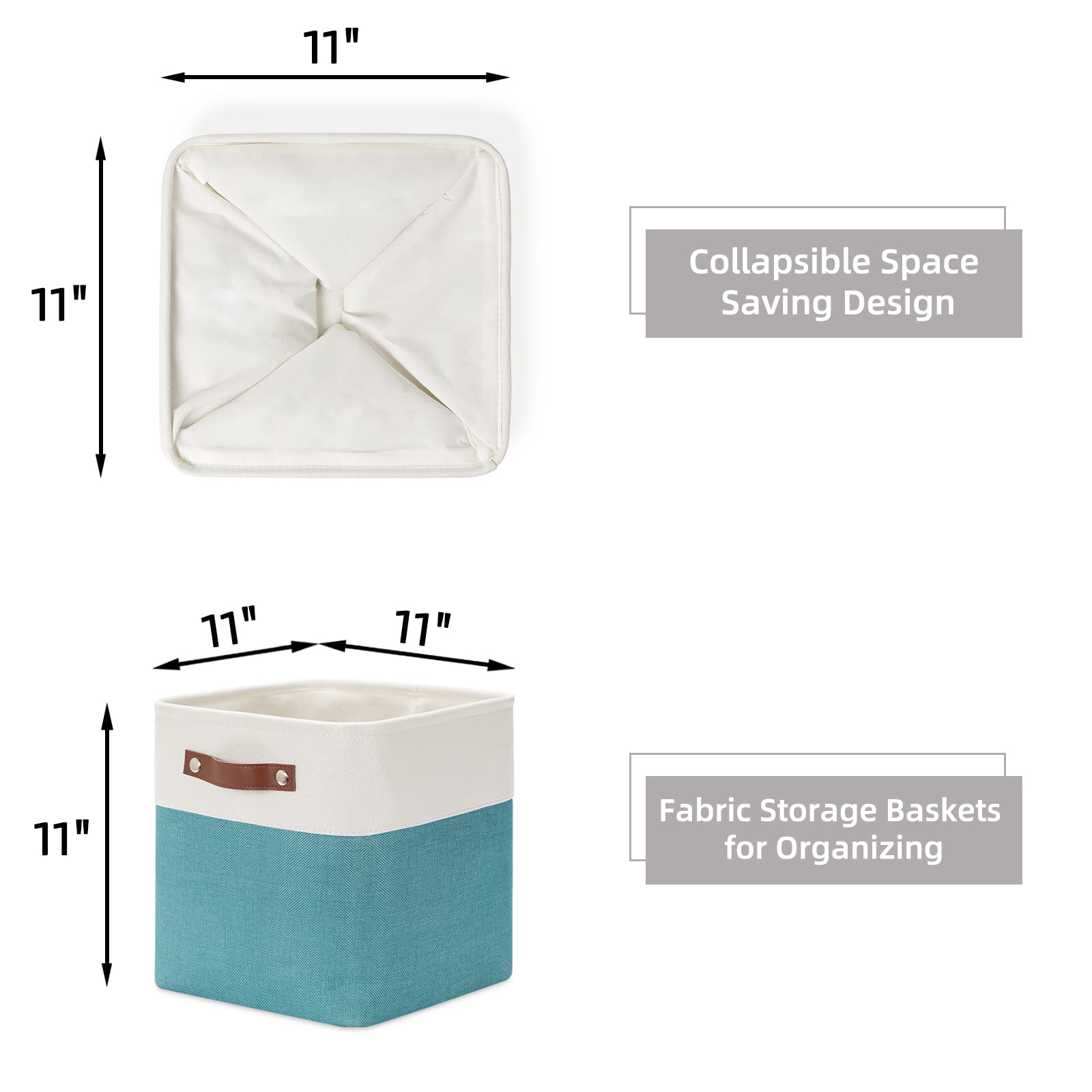 HNZIGE Cube Storage Basket(4 Pack ) Collapsible Baskets for Shelves Dog Toys Book 12x12 Fabric Storage Cube Bins Set for Room Office Closet(White&Teal)