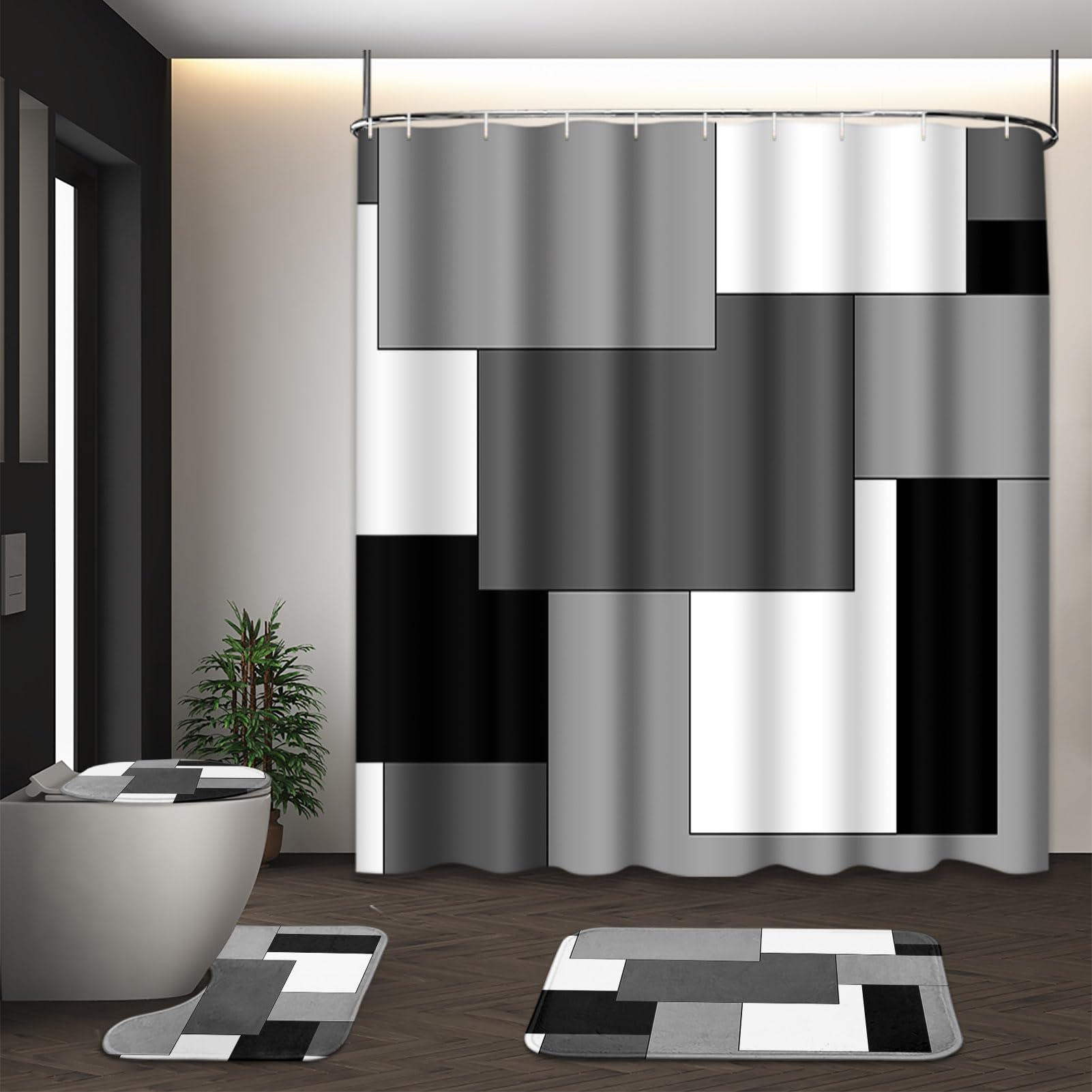 Tayney Grey Geometric Shower Curtain Set With Toilet Lid Cover And Non-Slip Rugs For Bathroom, Black White Checkered 4 Pcs Showe