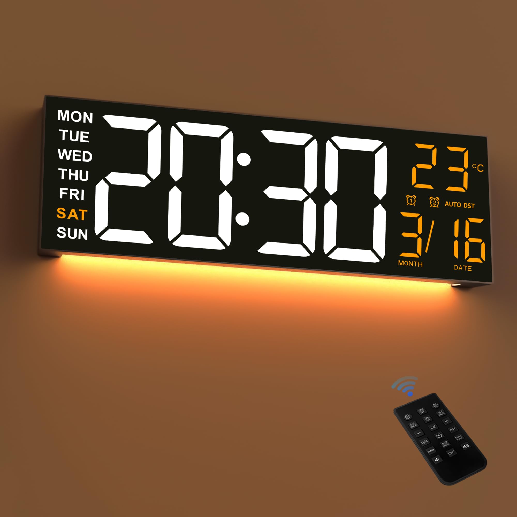 Maxstar 16 Large Digital Wall Clock With 8 Rgb Led Display & Remote Control, Loud Dual Alarms,5-Level Dimmer, Auto-Dst, Temperat