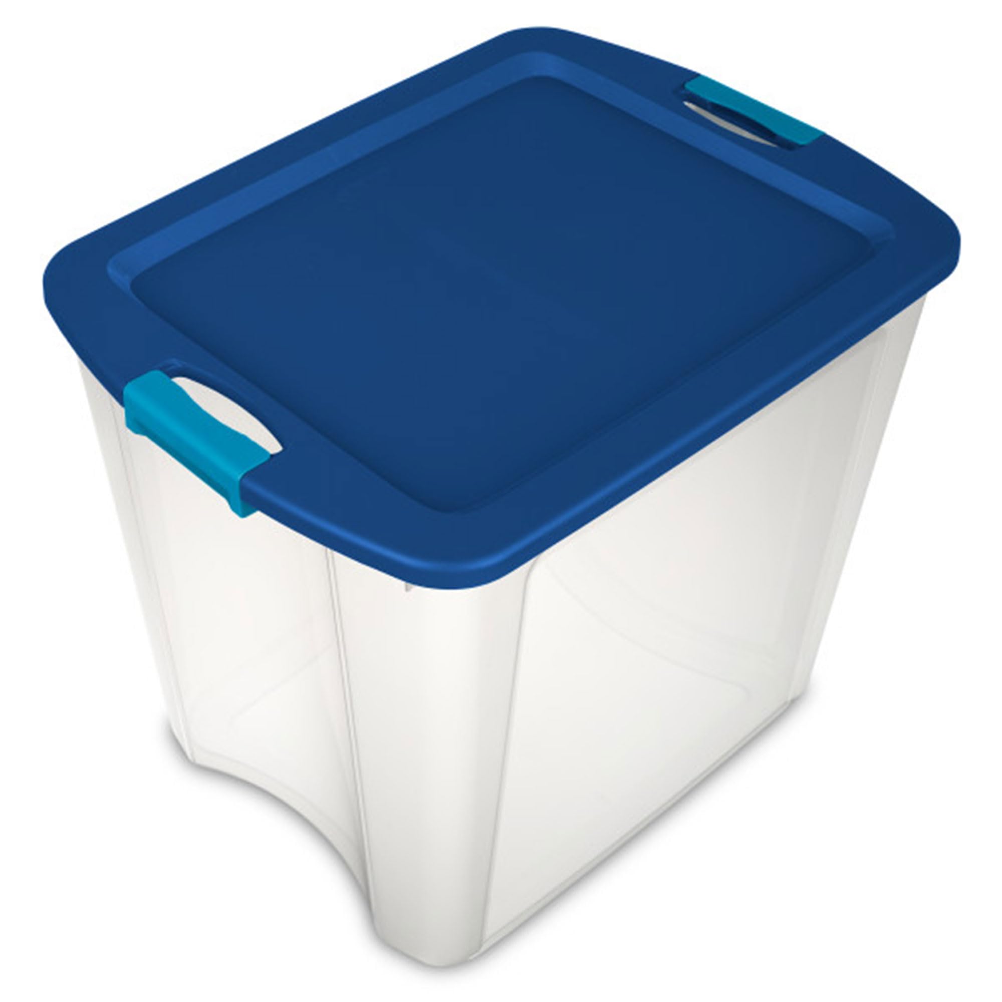 Sterilite 26 Gal Latch And Carry, Stackable Storage Bin With Latching Lid, Plastic Container To Organize Closets, Clear With Blu