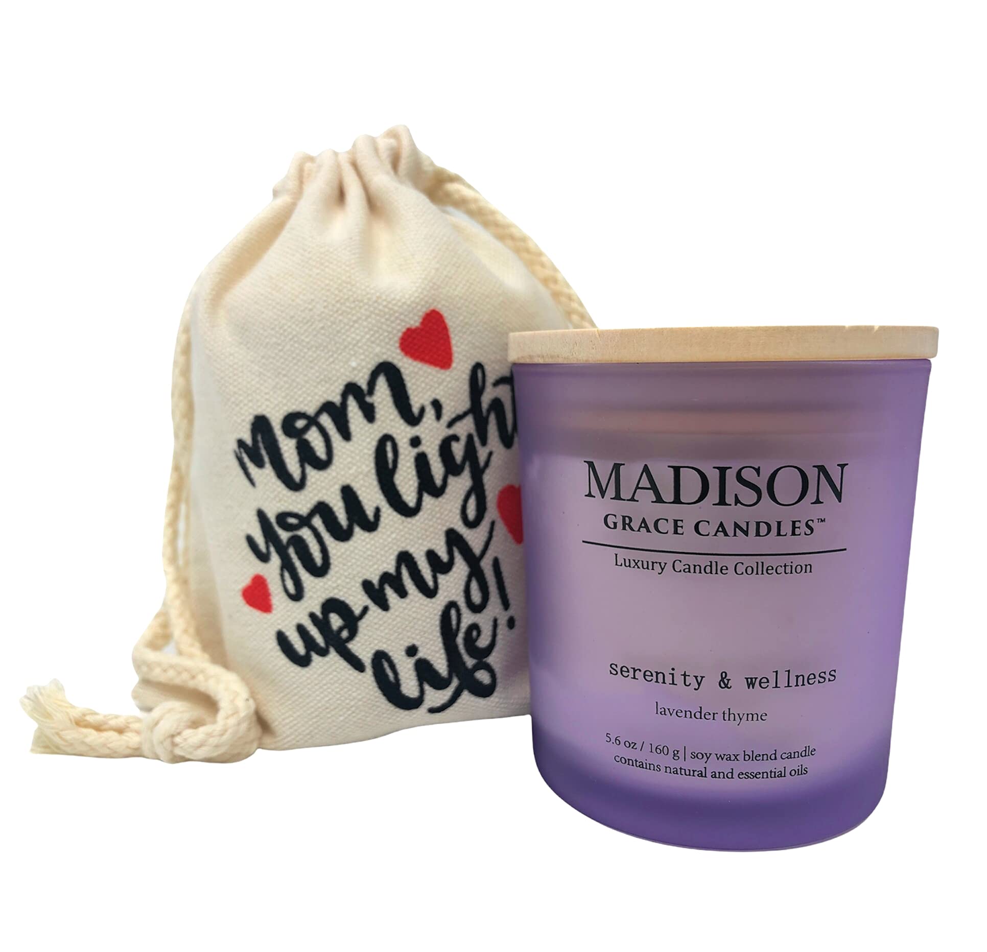 Madison Grace Lavender Scented Soy Wax Candle, 5.6 oz, Frosted Jar with Wooden Lid, Aromatherapy Gift for Mom, Birthday, Mother'