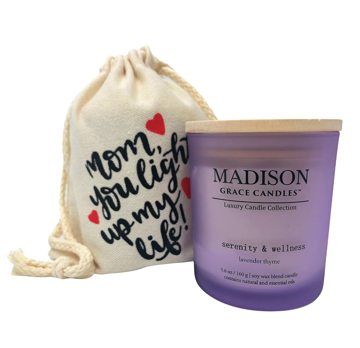 Madison Grace Lavender Scented Soy Wax Candle, 5.6 oz, Frosted Jar with Wooden Lid, Aromatherapy Gift for Mom, Birthday, Mother'