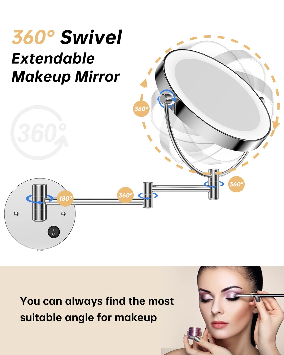 Gospire 8.5 '' Wall Mounted Lighted Magnifying Mirror  1X/10X Double-Sided Magnification Round LED Cosmetic Vanity Bathroom Mirror Extendable Arm 360 Swivel for Shaving Makeup