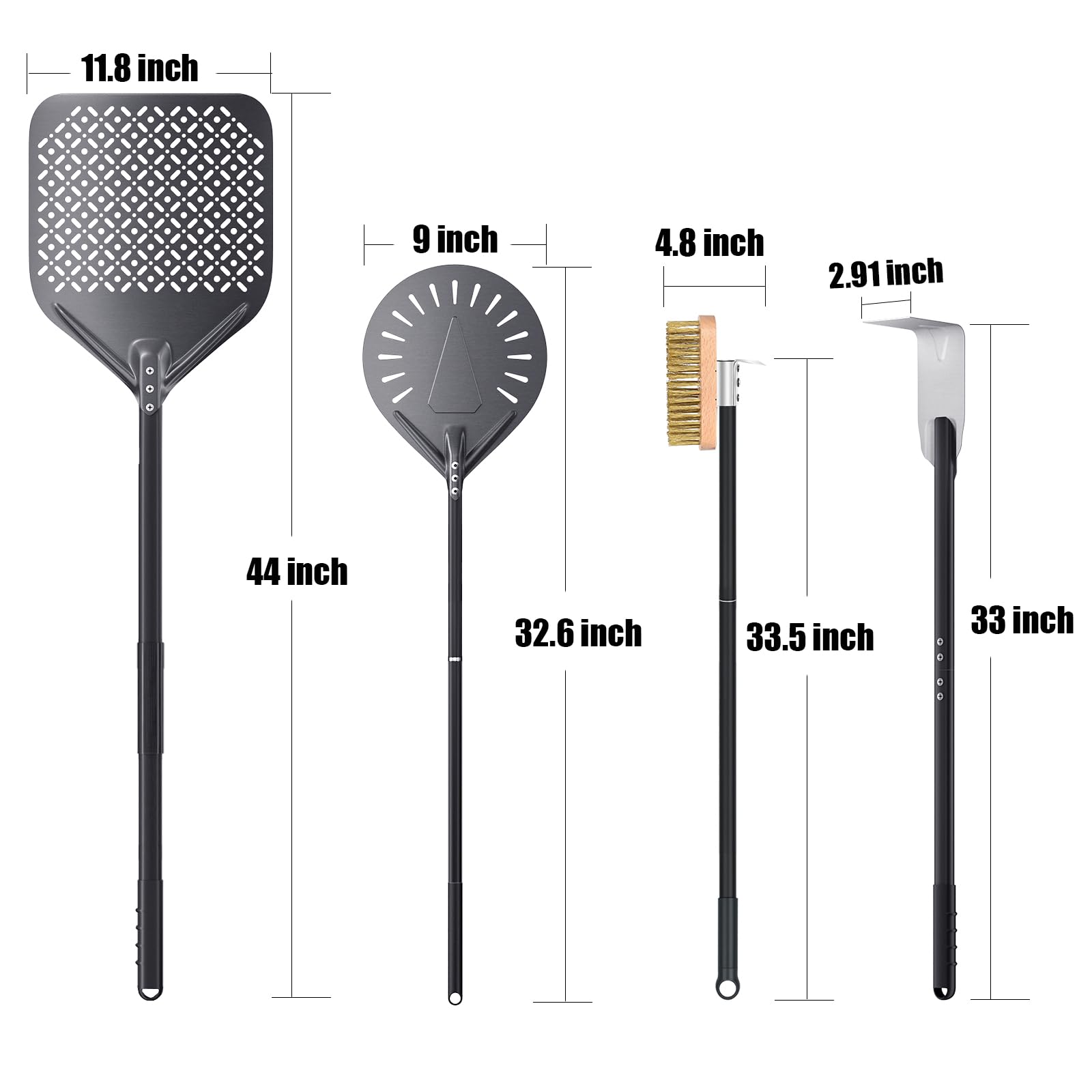 Nutuni 4 Piece Pizza Oven Kit Pizza Turning Peel 9 Inch, Perforated Pizza Peel, Pizza Oven Brush, Ash Rake, Wood Burning Commerc