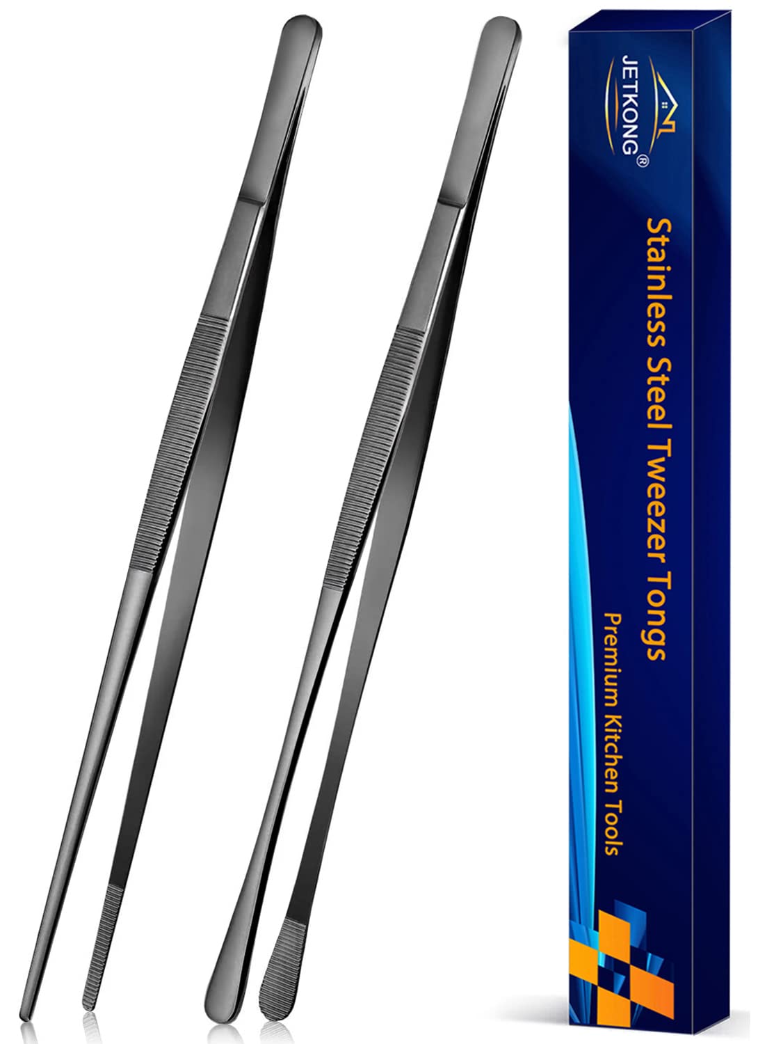 Jetkong 2 Pcs 12-Inch Kitchen Tweezers Tongs With Precision Serrated Tips, Stainless Steel Chef Tweezer Professional Cooking Twe