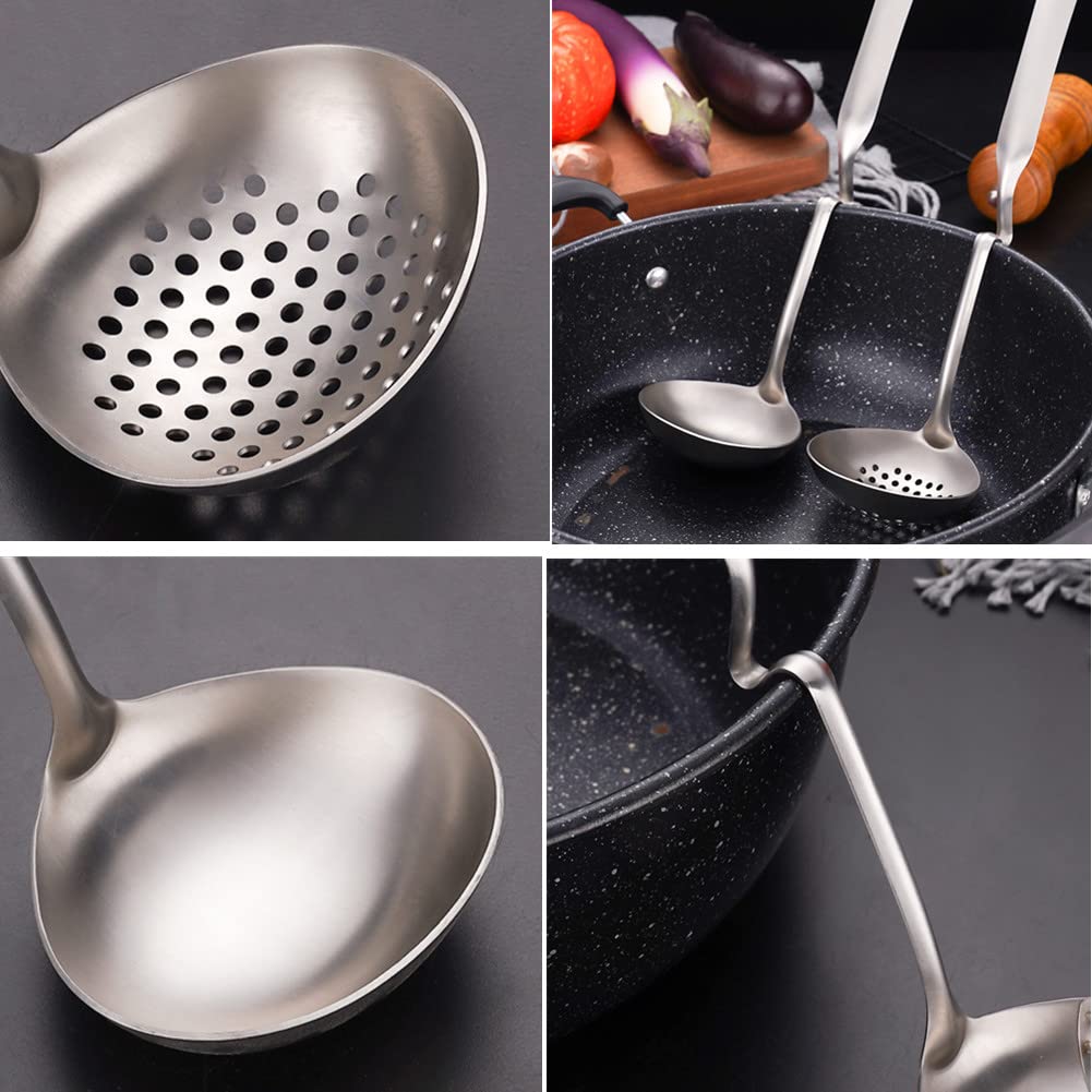 2 Pack Hot Pot Soup Ladle Spoon Slotted Spoons With S Shape Hanging Handle, 304 Stainless Steel Skimmer Spoon Ladles Strainer Fo