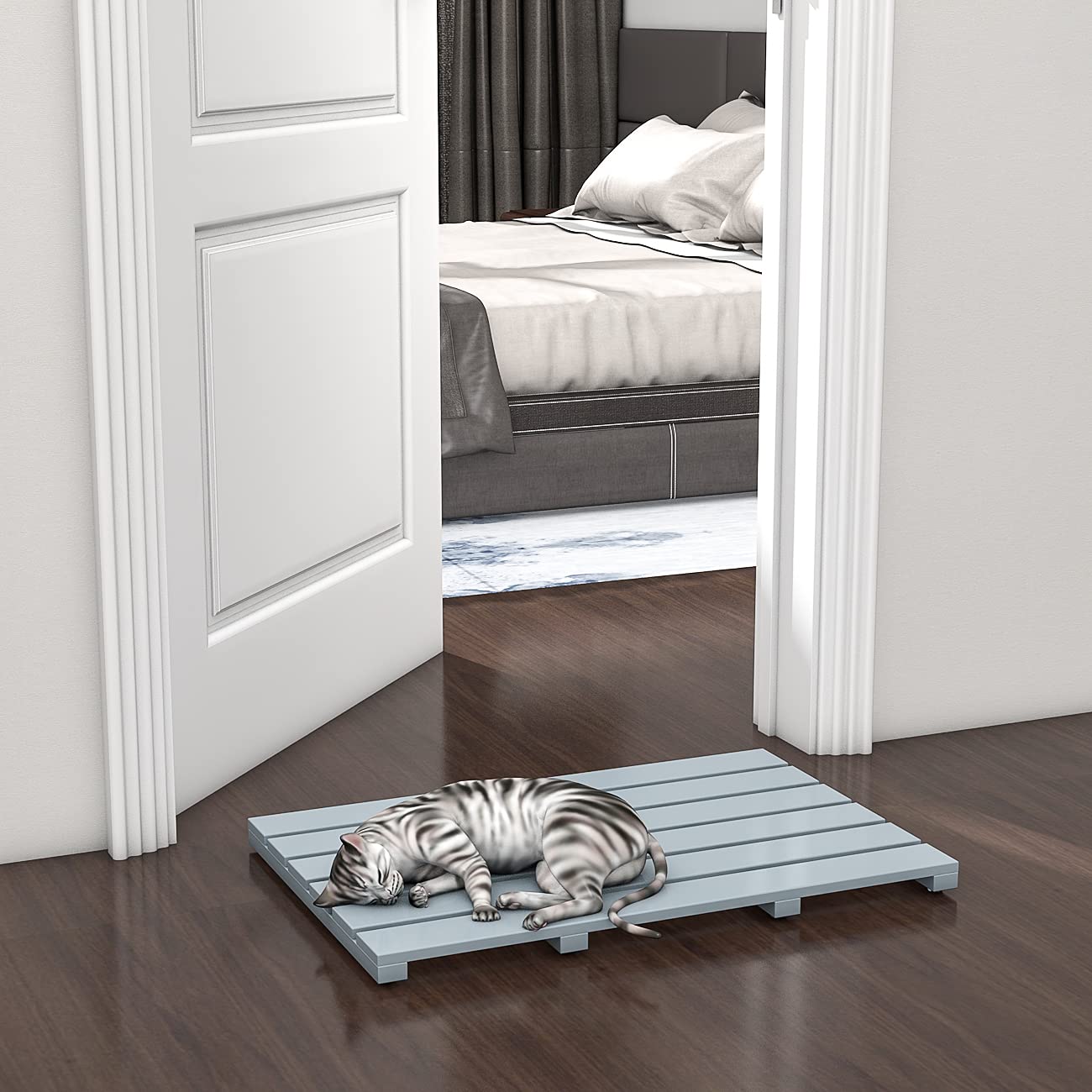 Bamboo Wooden Bath Floor Mat For Luxury Shower - Non-Slip Bathroom Waterproof Carpet For Indoor Or Outdoor Use (Bluish Grey)