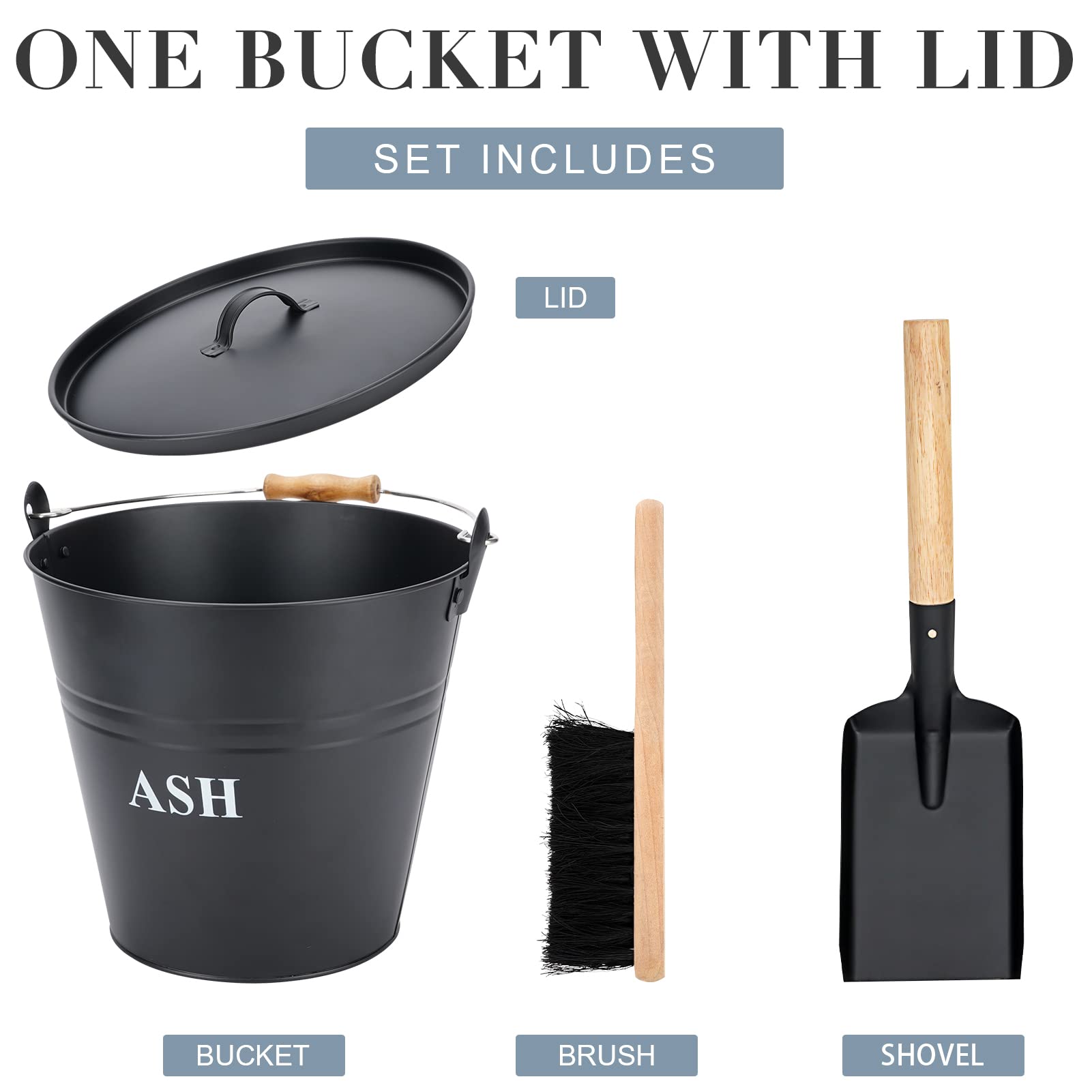 Ash Bucket With Lid, Shovel, And Broom, 3.5-Gallon Metal Bucket With Lid, Fireplace Ash Bucket, Coal Bucket For Wood Stove Acces